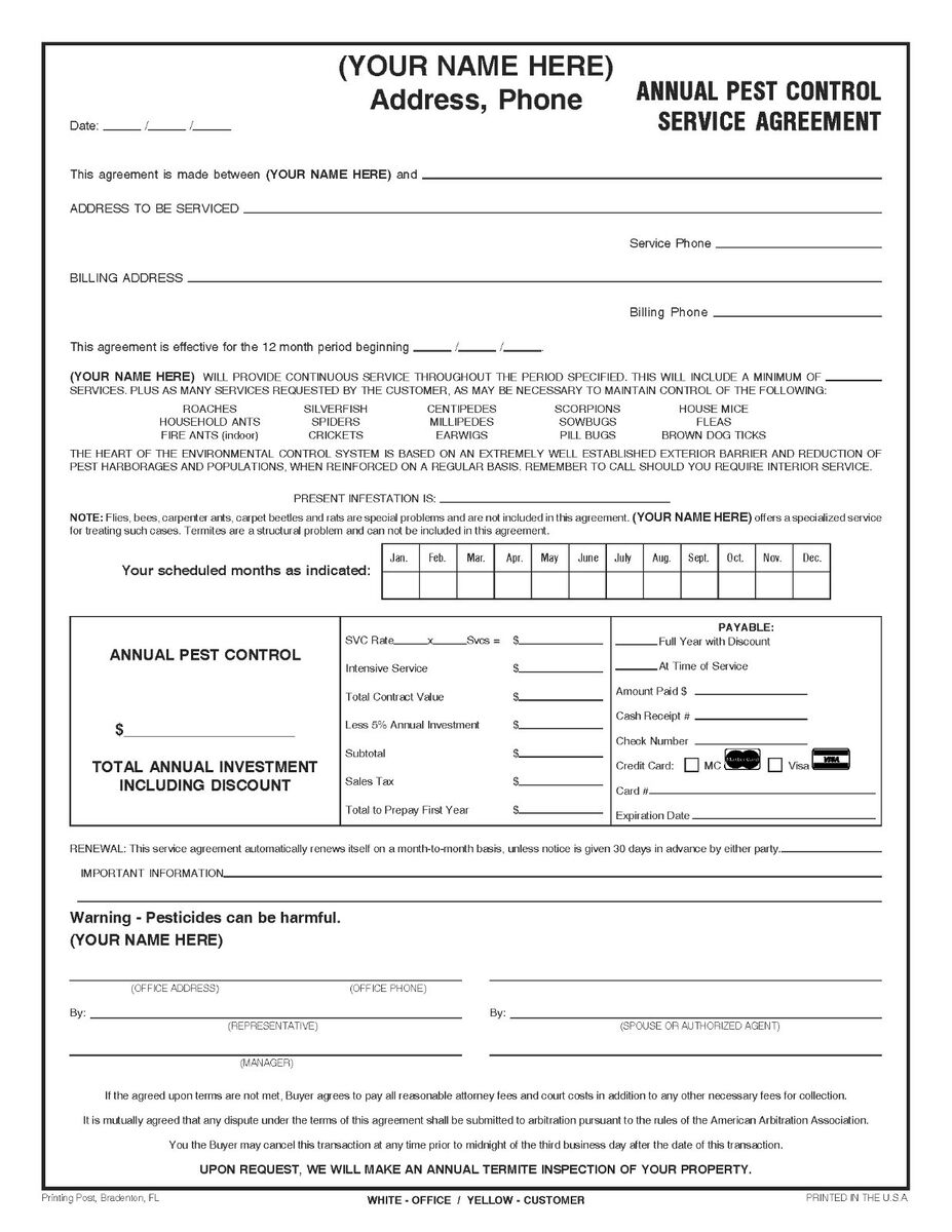 100 Annual Pest Control Service Agreement Forms