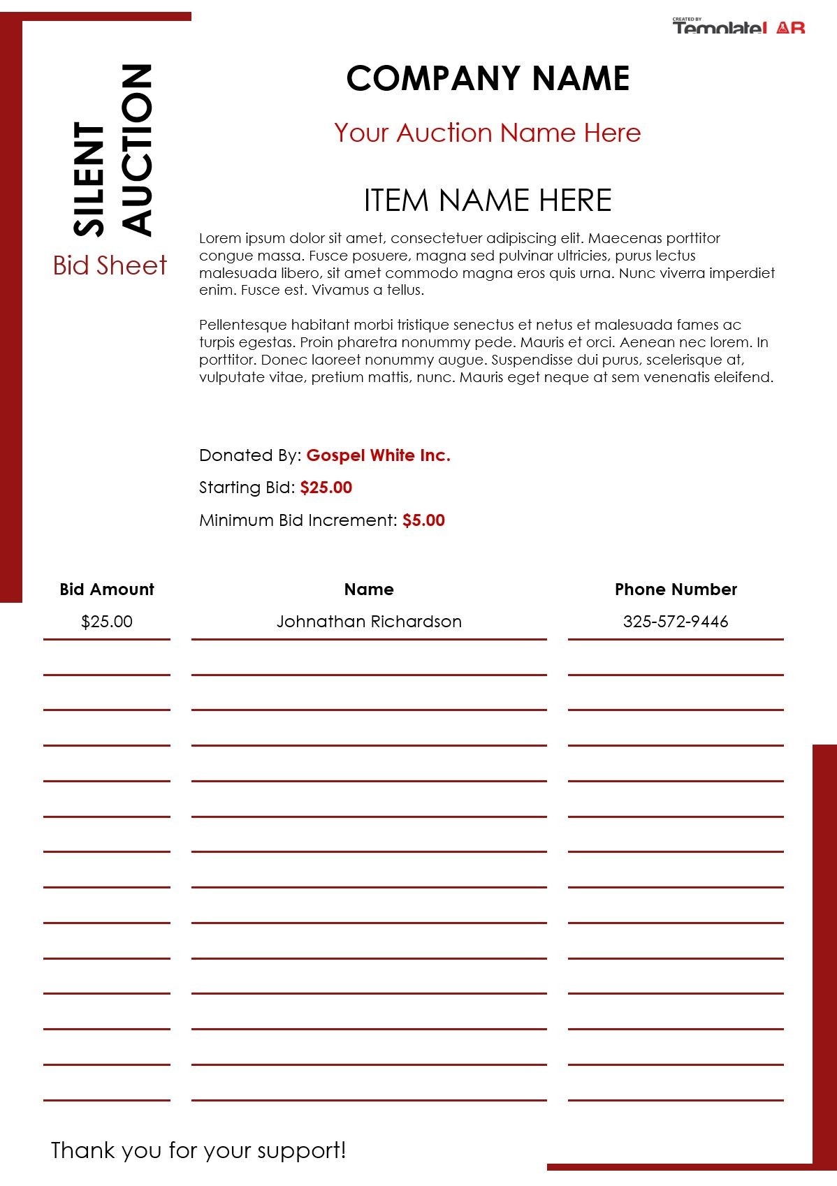 12 Best Silent Auction Bid Sheet Templates Word PDF Excel 