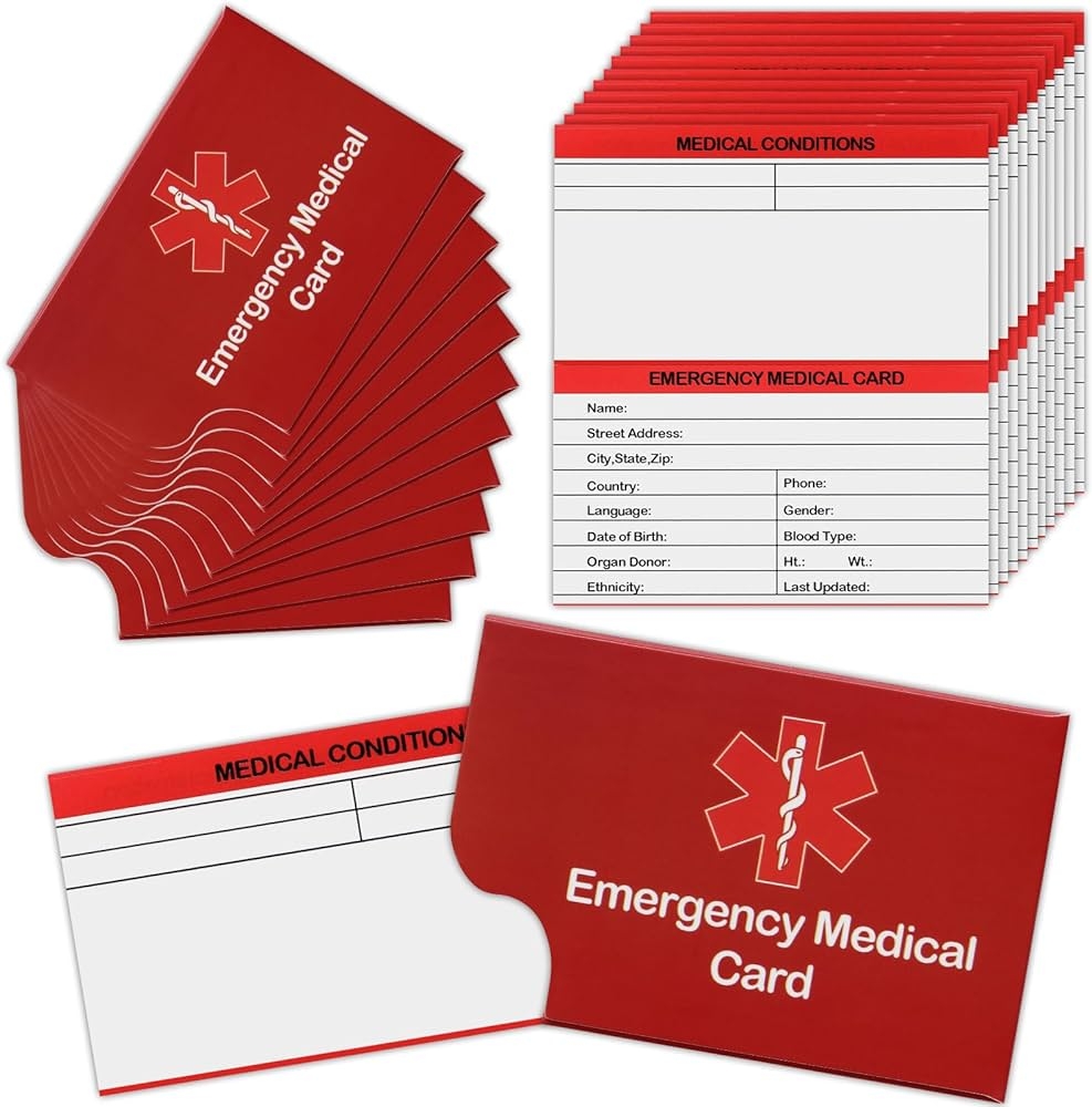 12 Pack Red Emergency Contact ID Wallet Pocket Size Medication List Caretaker Cards