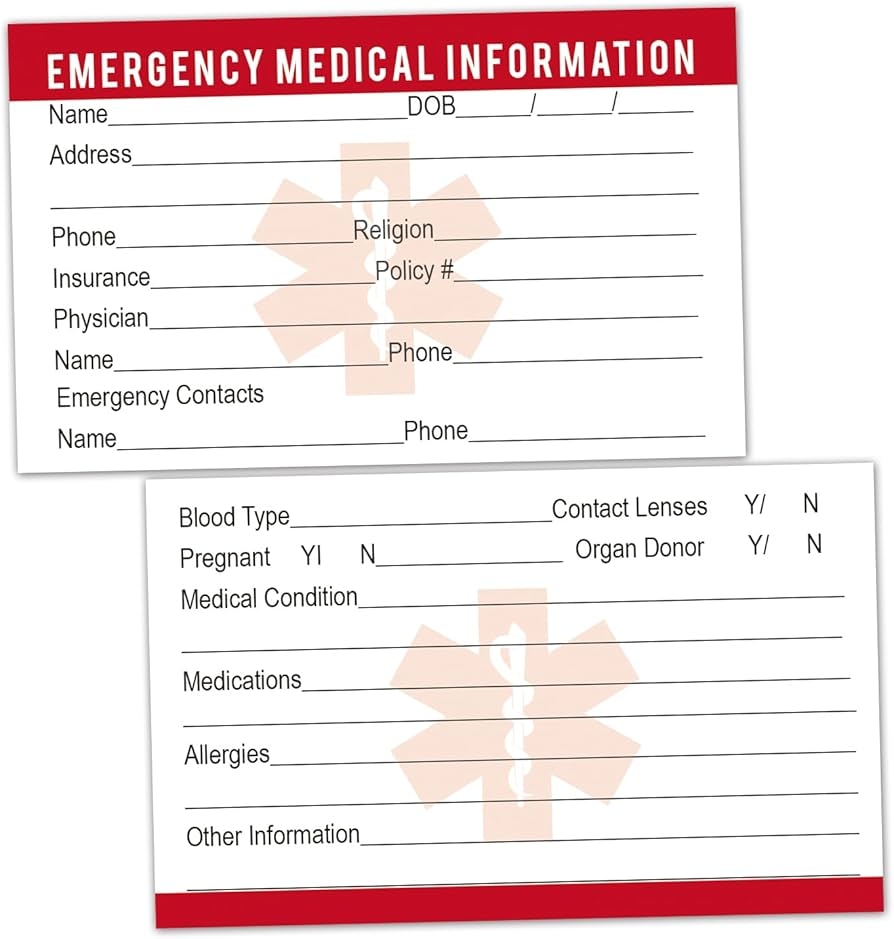 25 Emergency Medical Information ID Cards Emergency Contact Wallet ID Cards 3 5