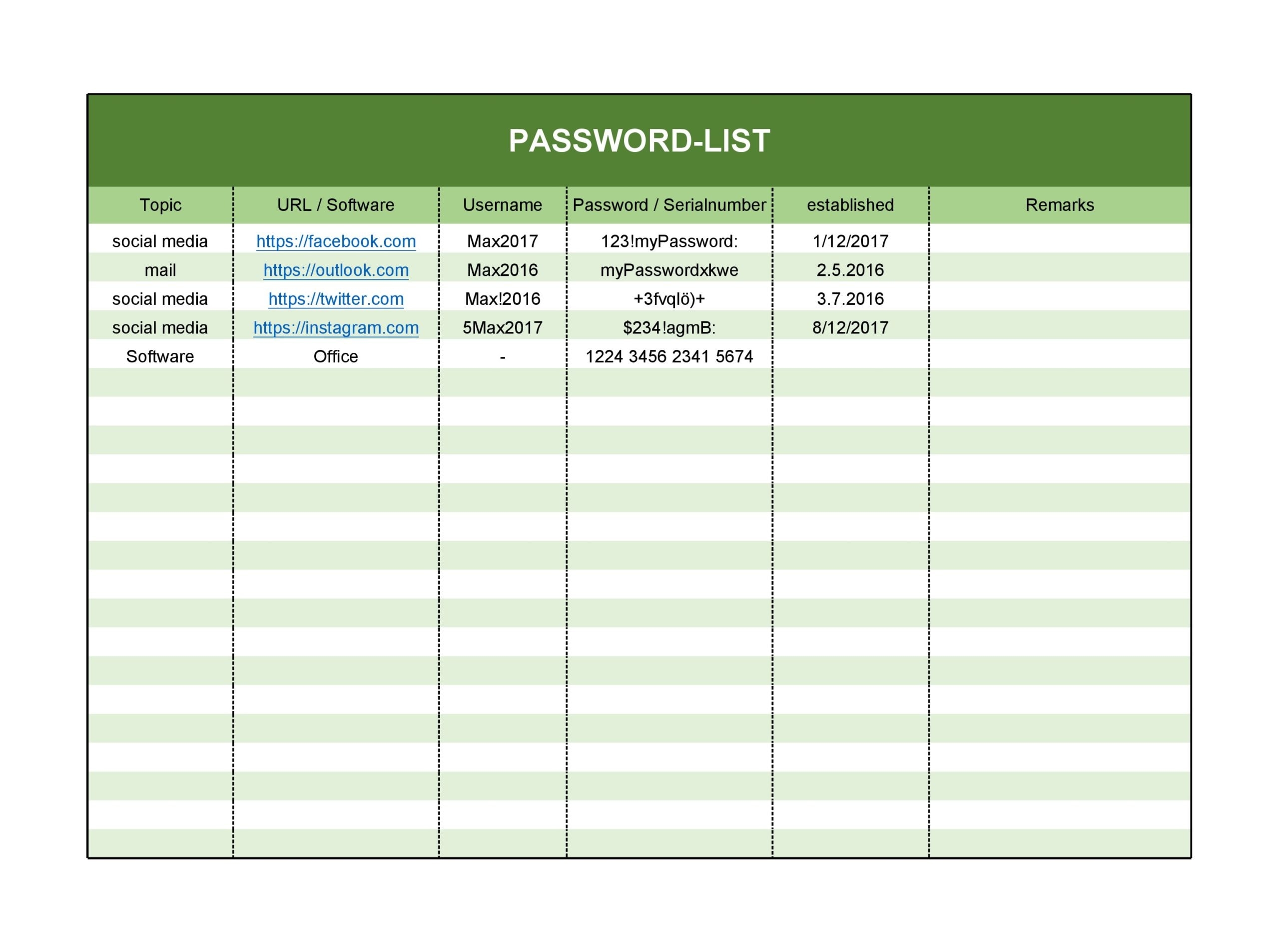 Free Printable Password List Template Excel