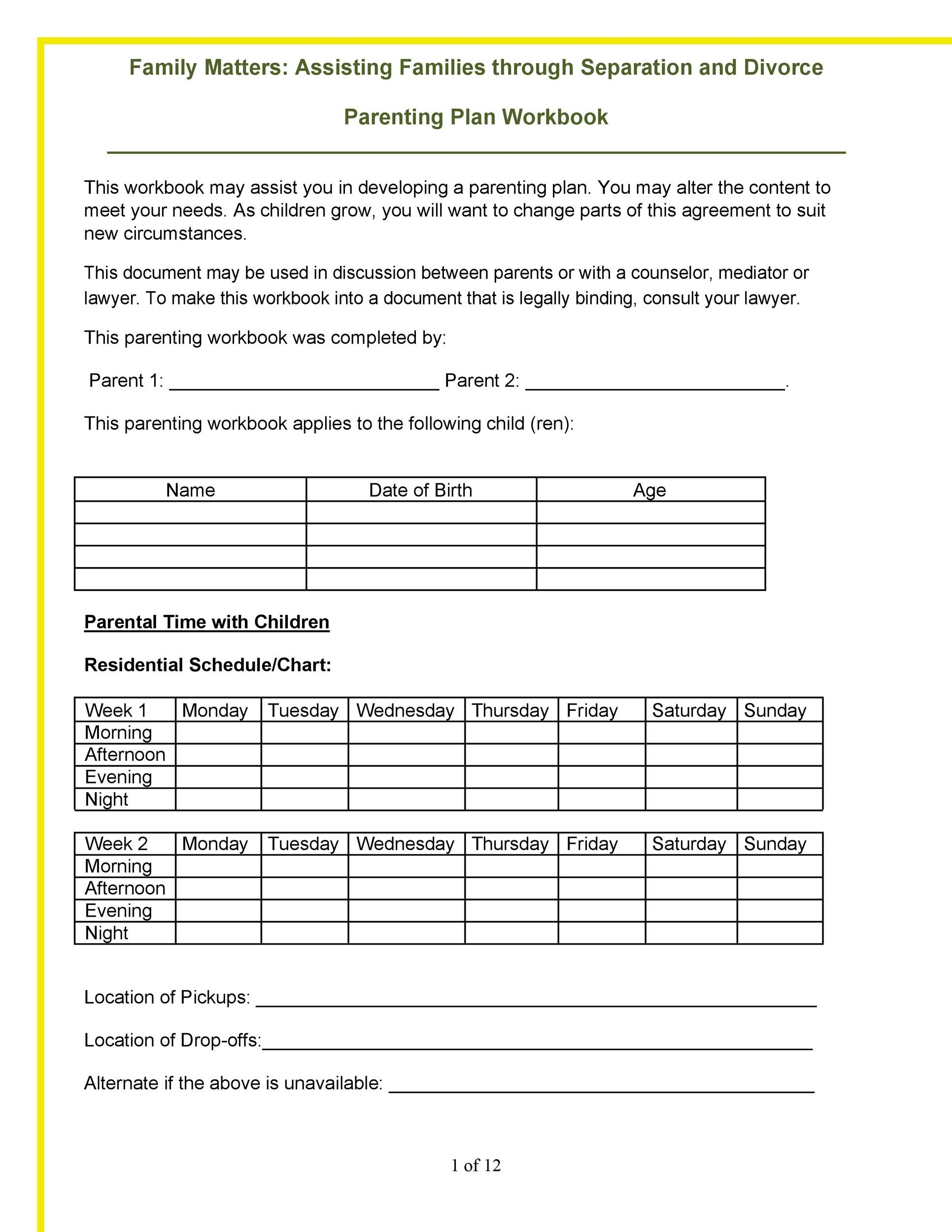 49 FREE Parenting Plan U0026 Custody Agreement Templates