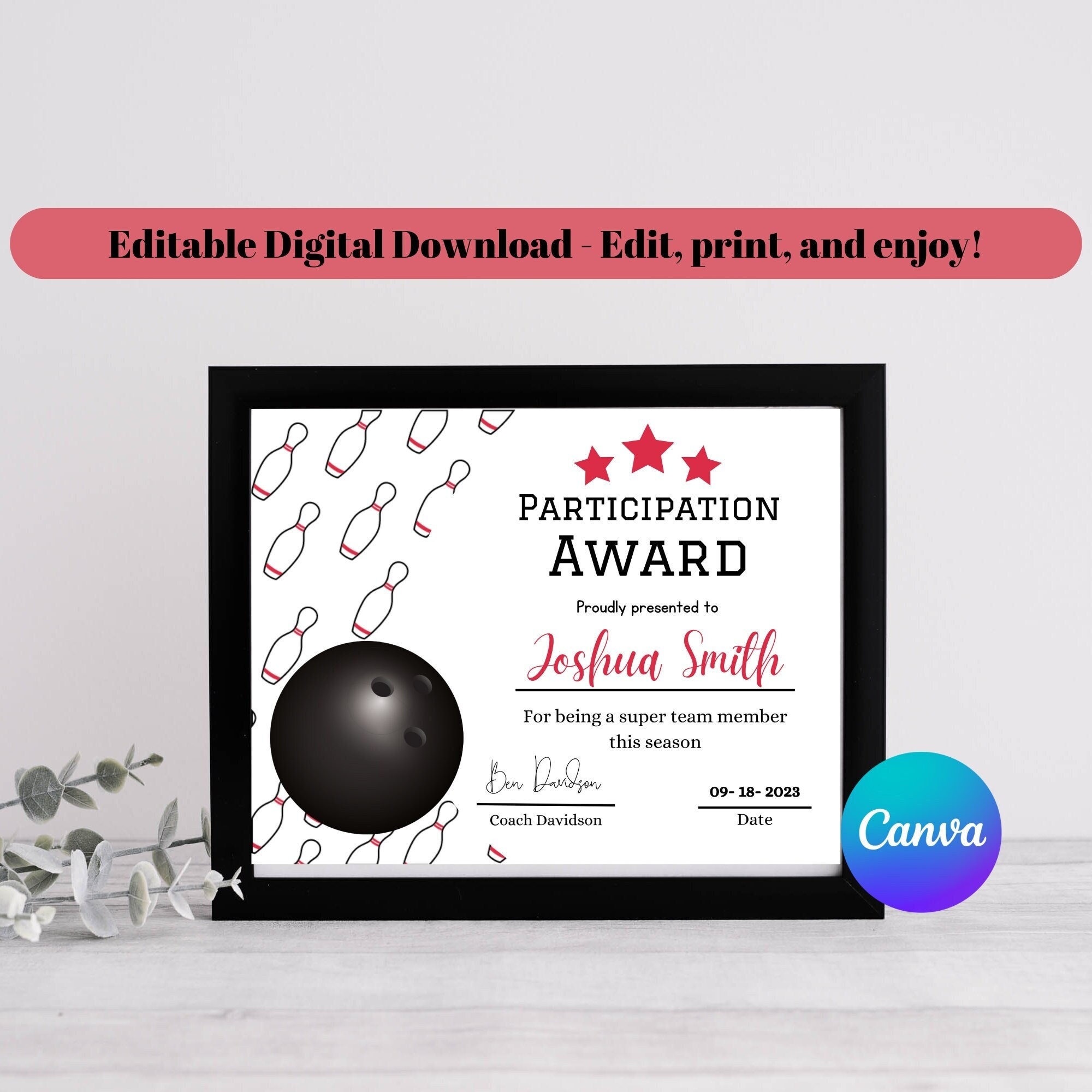 Bowling Award Editable Bowling Participation Certificate Bowling 