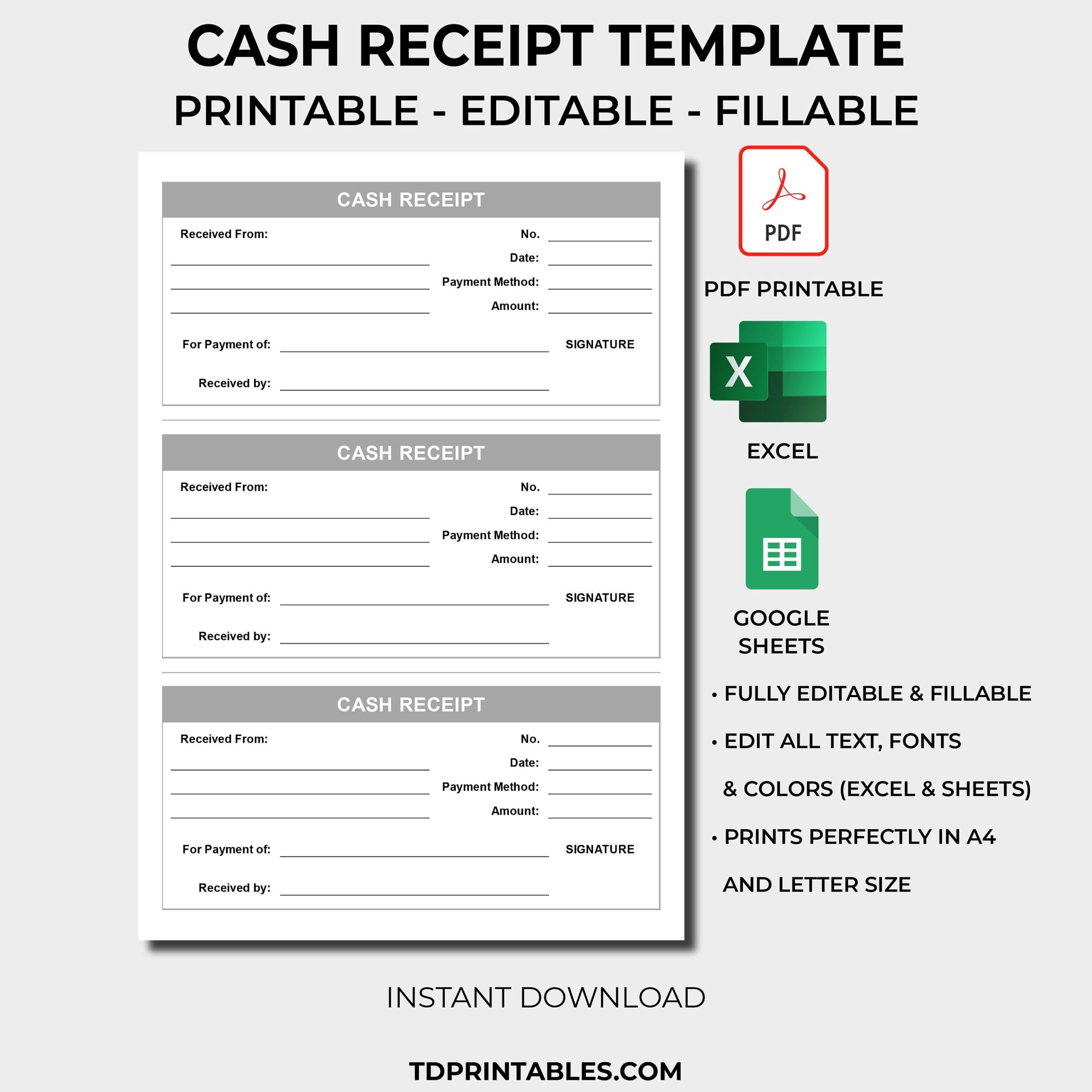 Cash Receipt Template Receipt Template EXCEL Template PDF Receipt Editable U0026 Printable Simple Receipt Form Rental Payment Receipt