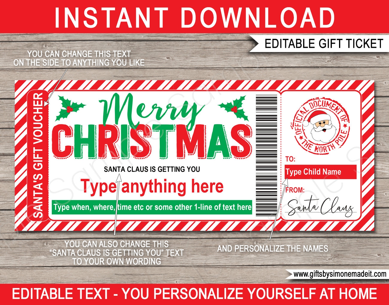 Christmas Santa Gift Voucher Template For Kids Printable Custom Christmas Gift Certificate Santa IOU INSTANT DOWNLOAD Editable Names