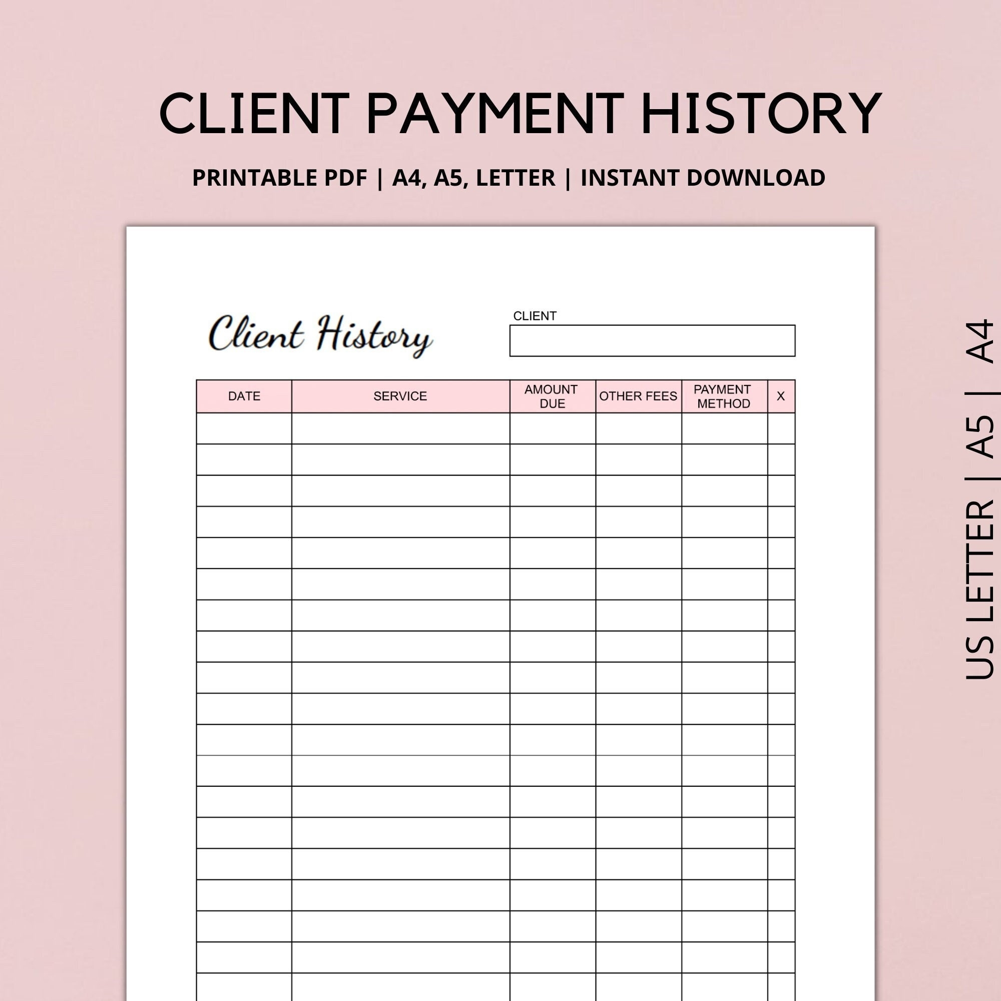 Client History Tracker Printable Client Tracker Payment Log Payment Tracker Small Business Payment Form A4 A5 LETTER Etsy