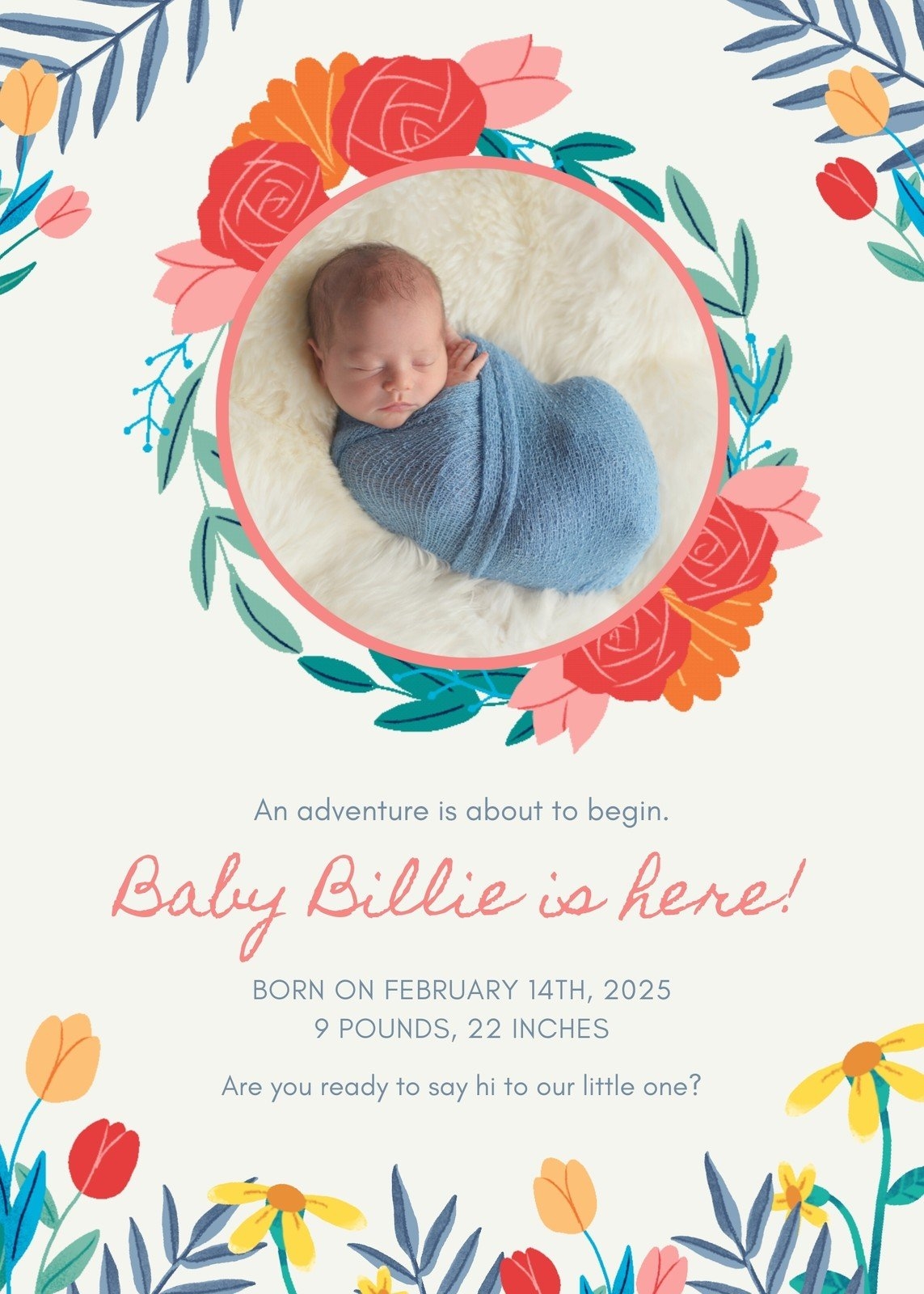 Colorful Illustration Delicate Floral Birth Animated Baby Announcement Colorful Illustration Delicate Floral Birth Animated Baby Announcement