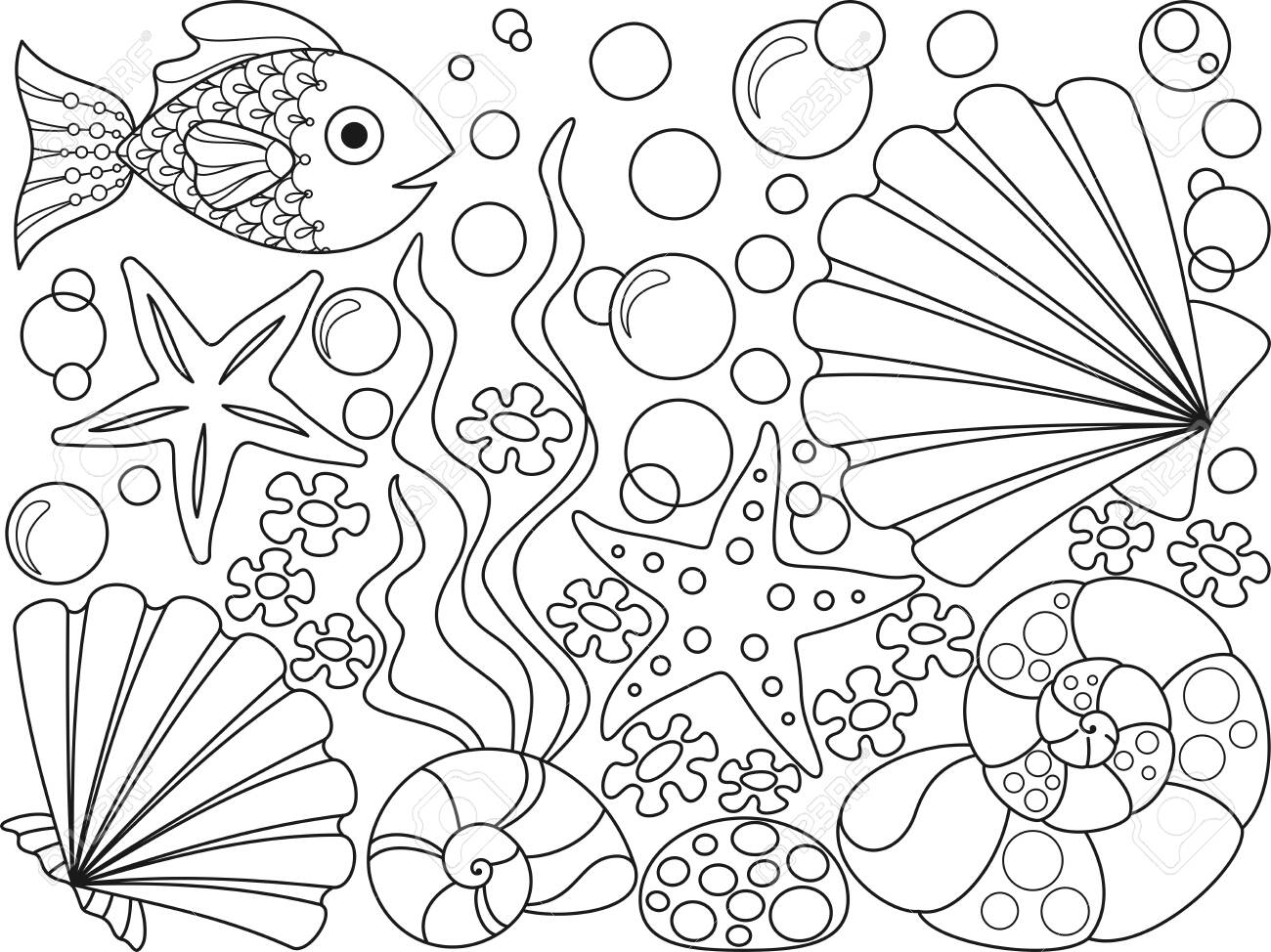Coloring Page With Seashells Starfish Seaweed Bubbles And Fish Black Elements On A White Background Vector Design Template For Kids Coloring Book Entertainment And Recreation For Children Royalty Free SVG Cliparts Vectors 