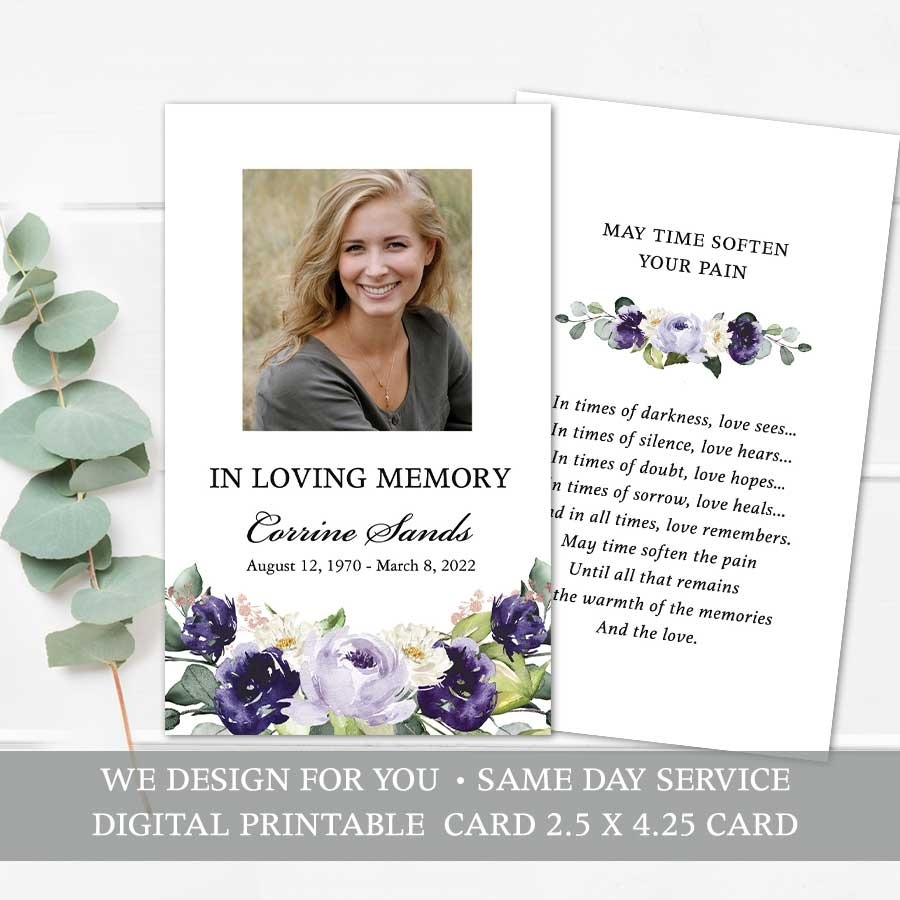 Custom Prayer Card Printable Template With Photo Purple Florals Custom Prayer Card Printable Template With Photo Purple Florals