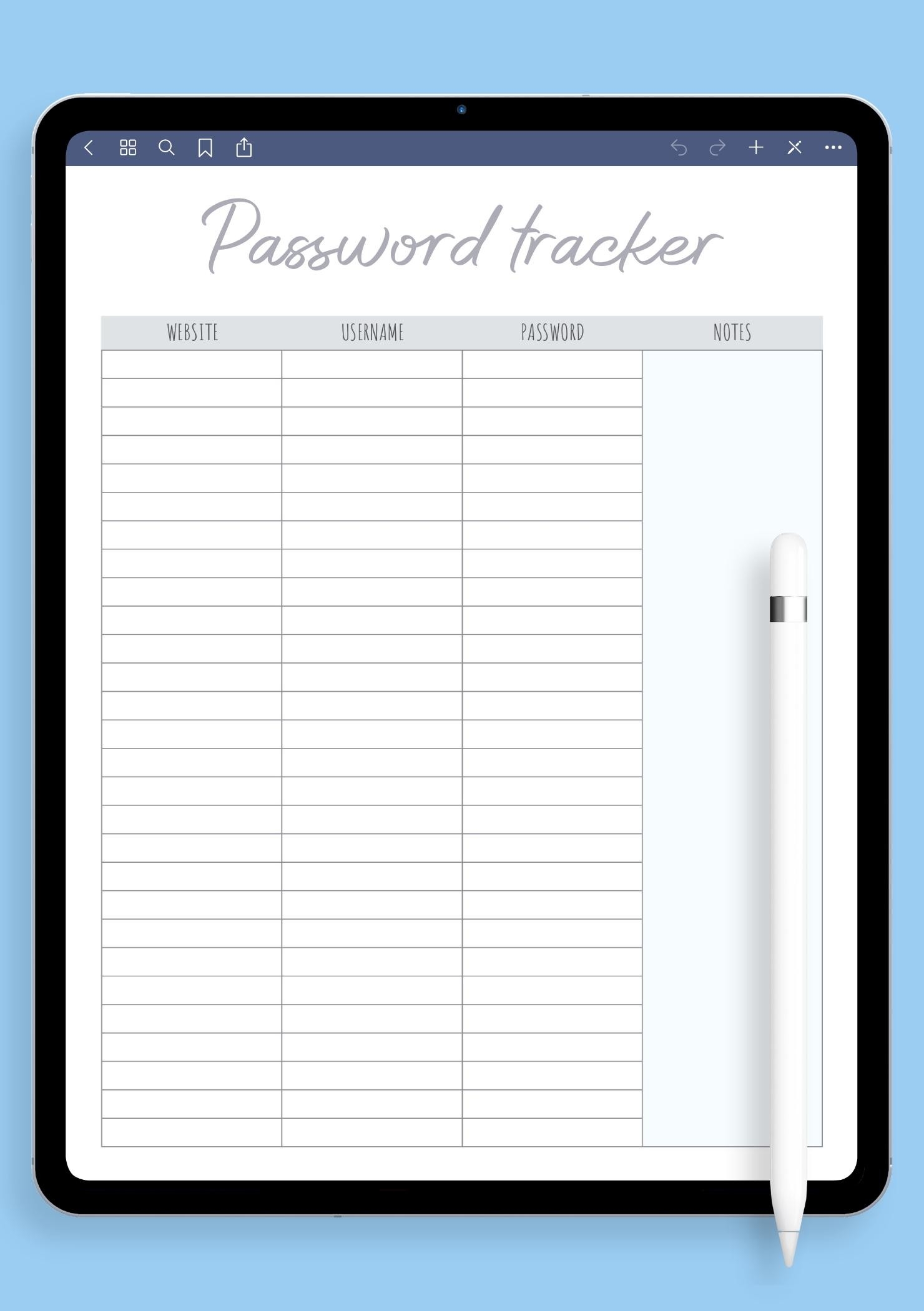 Download Printable Password Tracker Template With Notes Section PDF