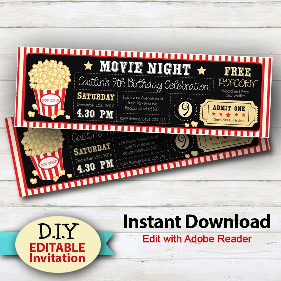 EDITABLE Instant Download Movie Party Invitations Boy Or Girls Movie Party Ticket Invitation Edit At Home Cinema Invitations Etsy