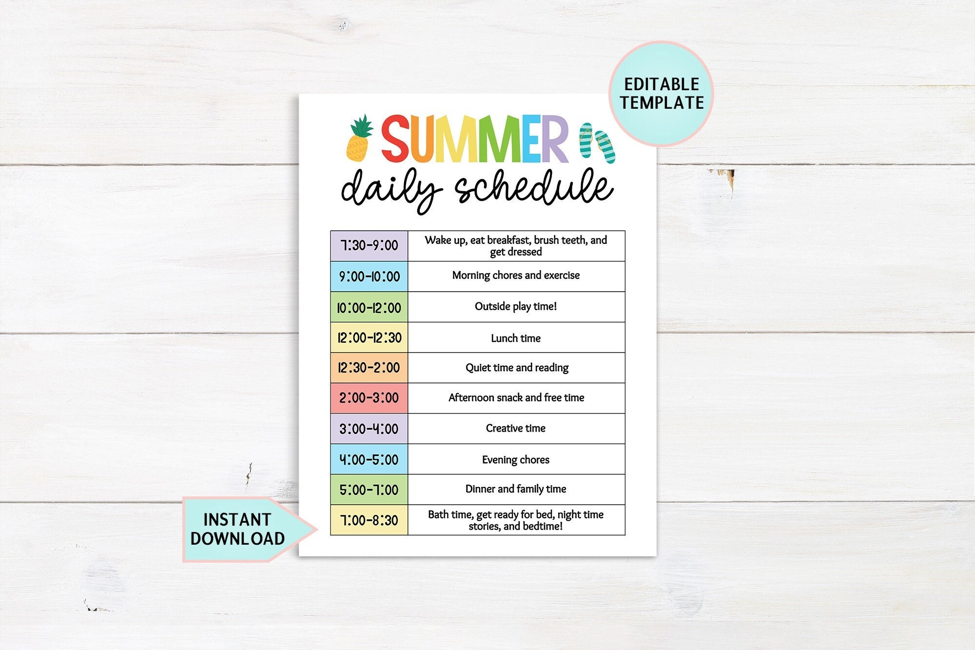 Editable Kids Daily Schedule Template Summer Schedule Printable 