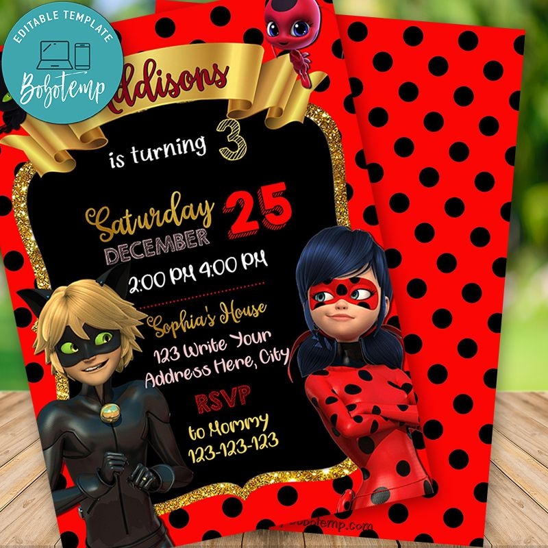 Editable Miraculous Ladybug Birthday Invitation Instant Download