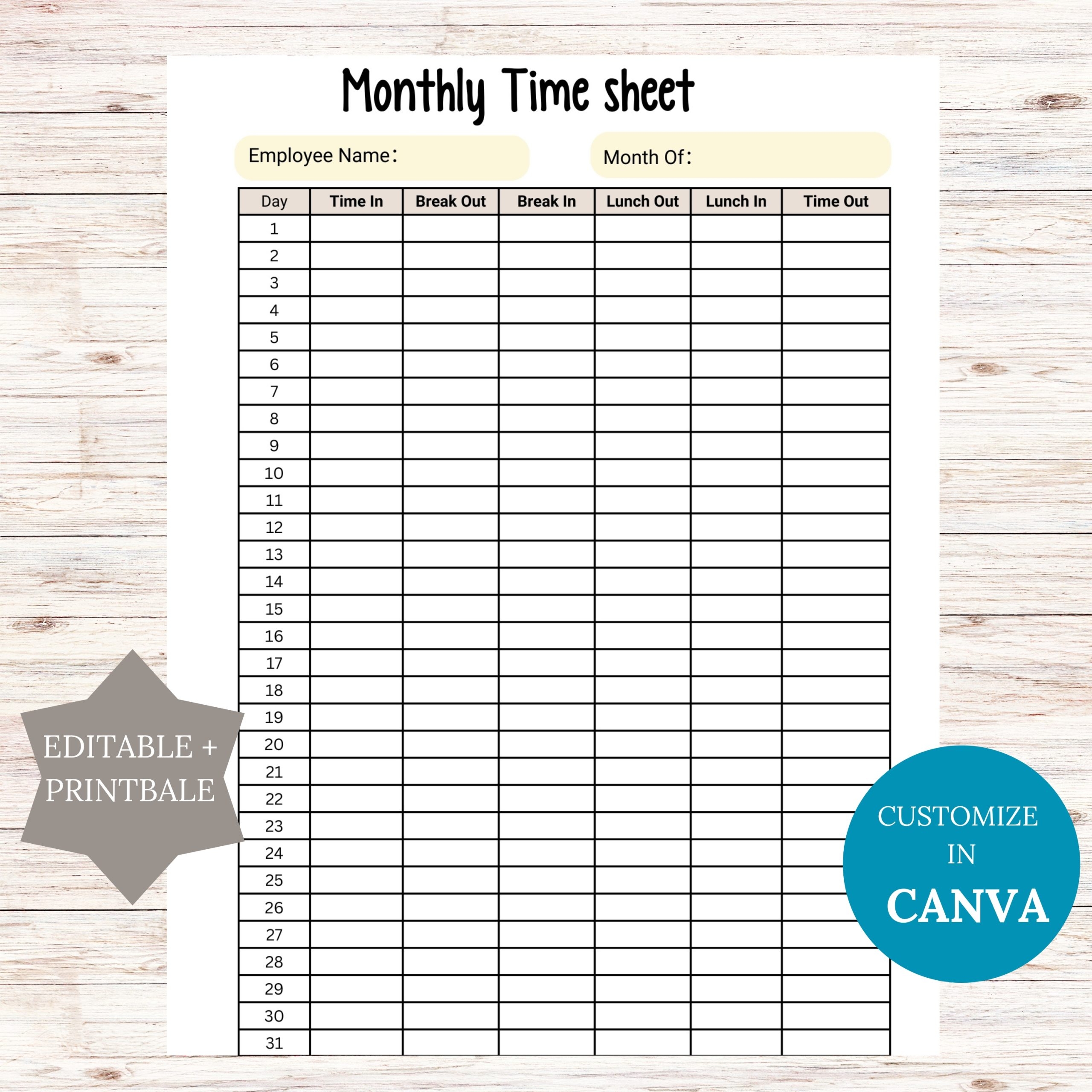 Editable Monthly Time Sheet Printable Editable Monthly Time Sheet Printable