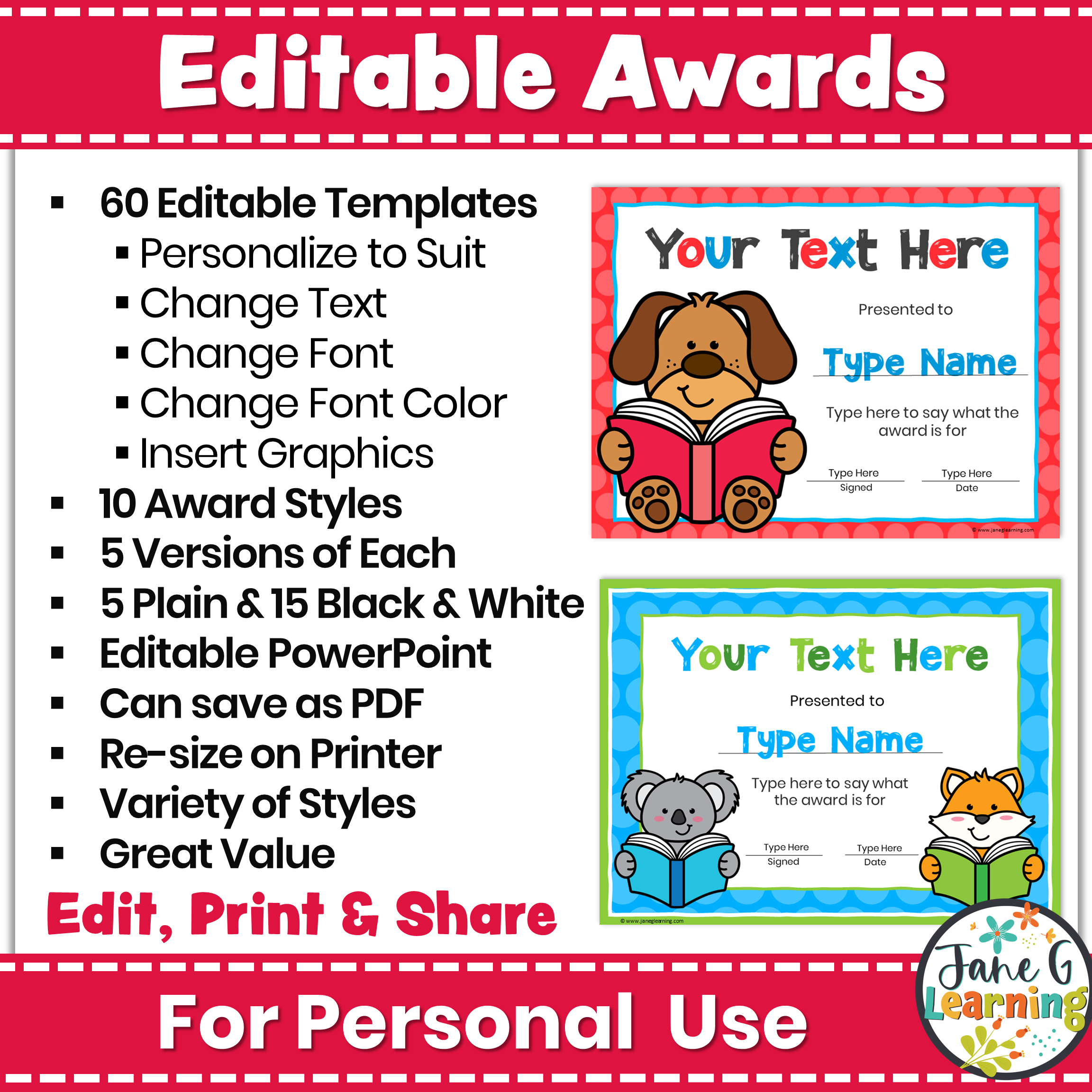 Editable Reading Awards Reading Certificates Animal Awards 2 