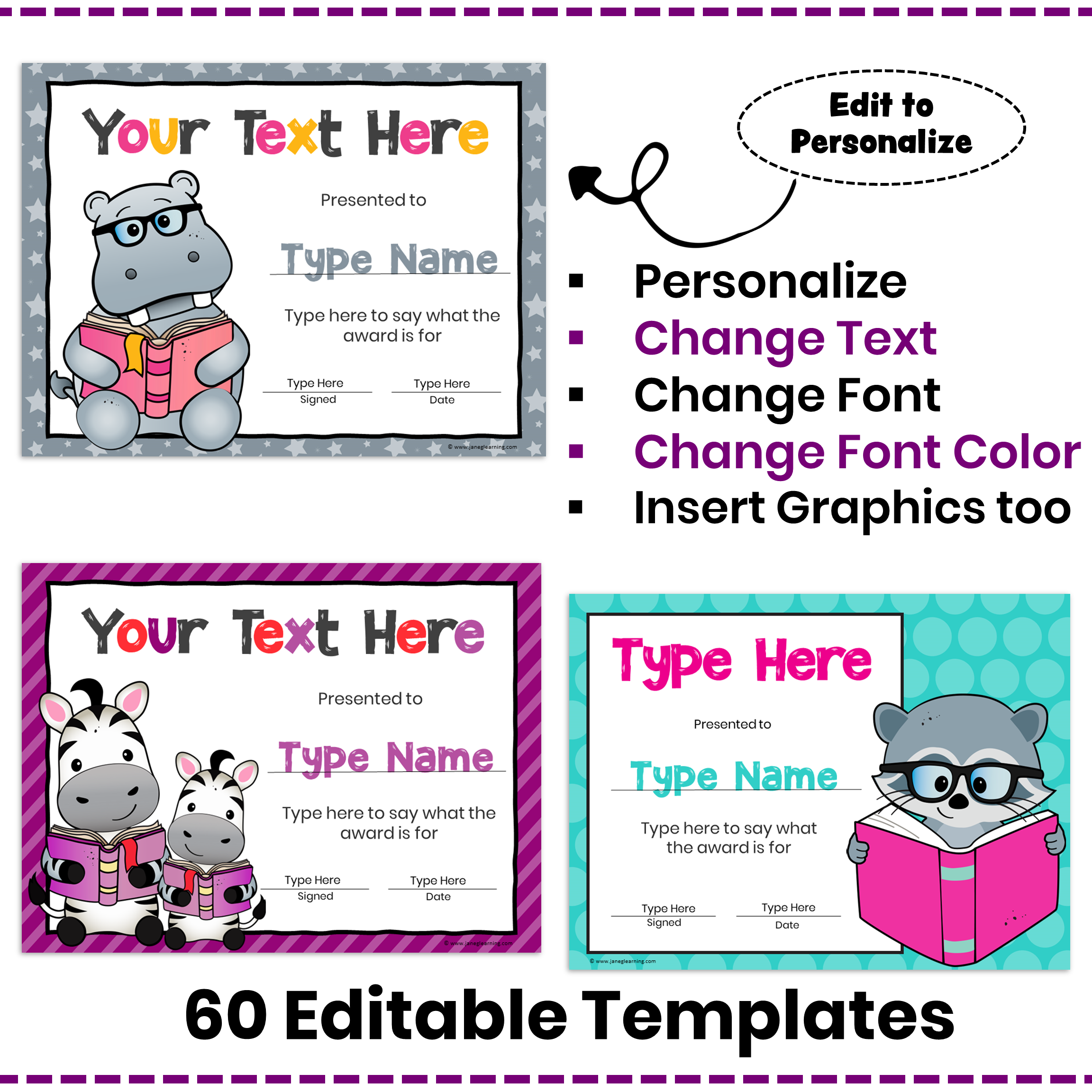 Editable Reading Awards Reading Certificates Animal Awards 