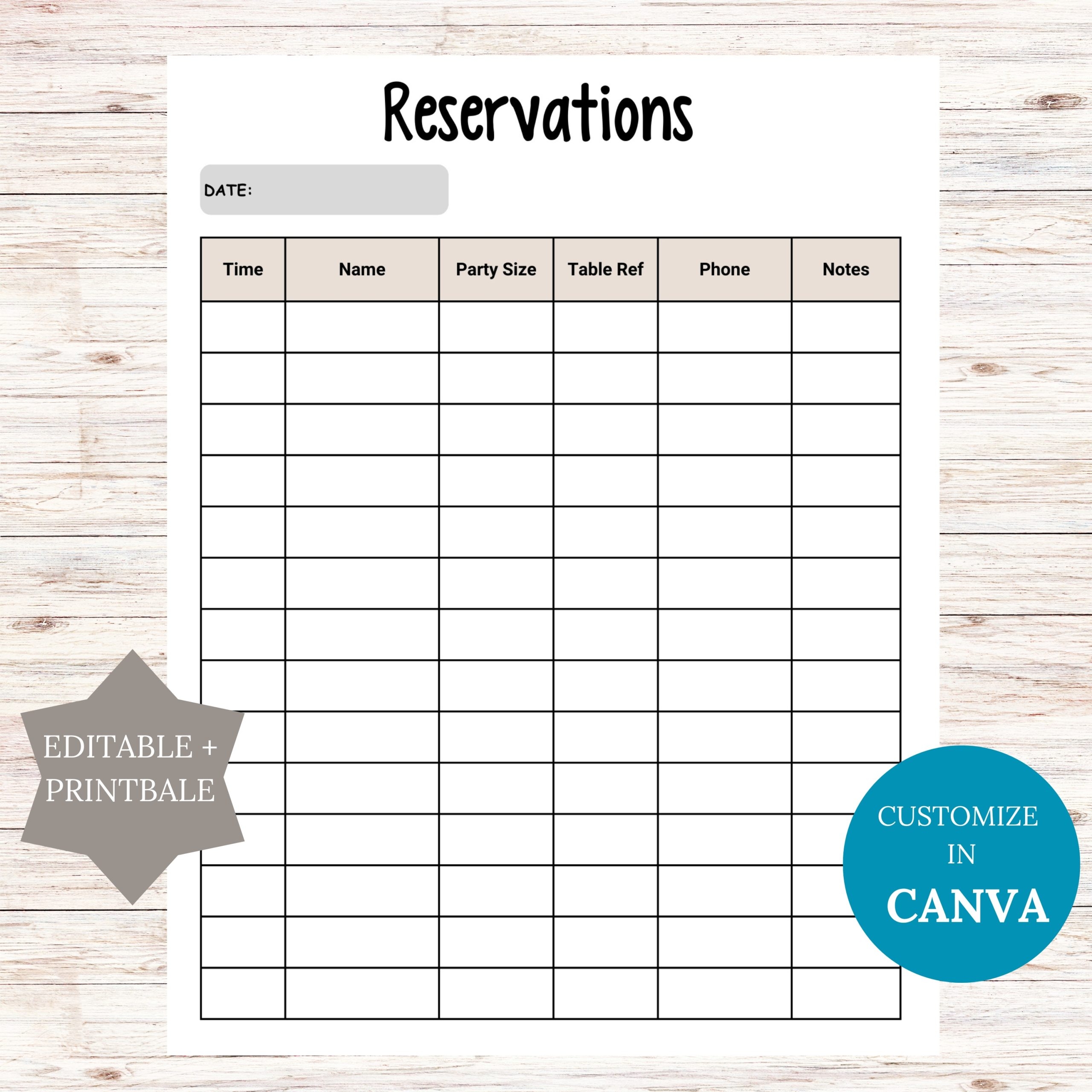 Editable Reservations List Printable