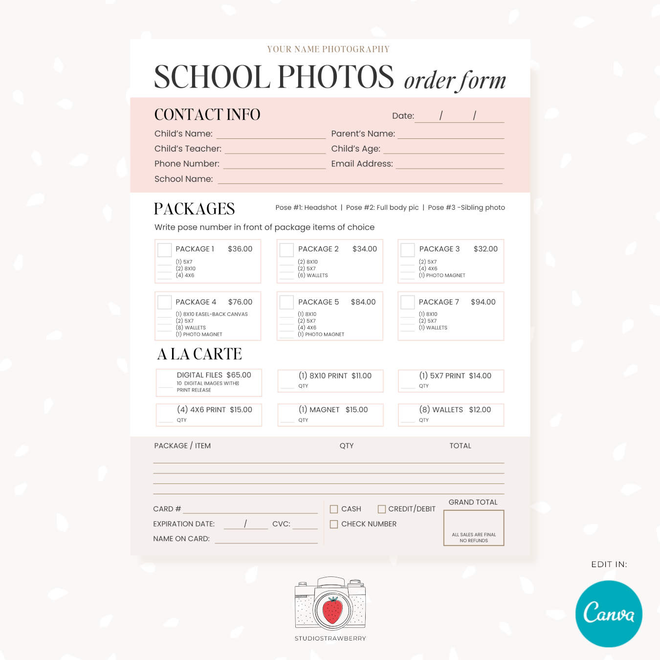 Free Printable Photography Order Form Templates