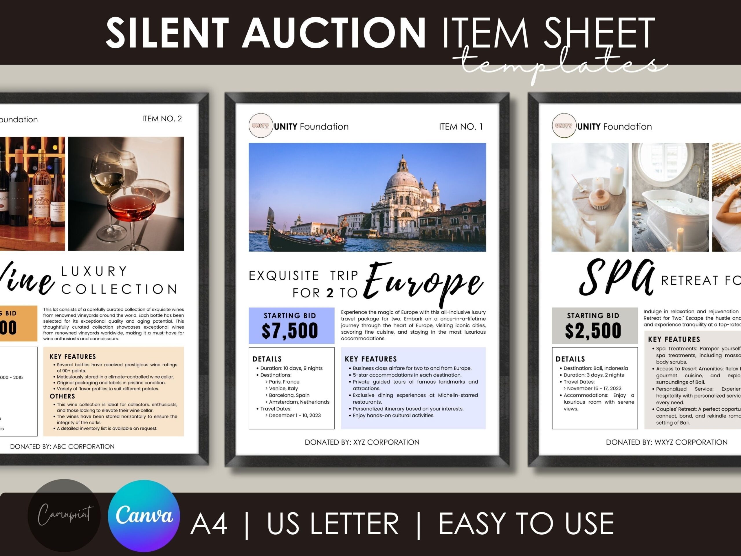 Editable Silent Auction Item Description Sheet Auction Info Sheet Silent Auction Display Sign Item Sheet Bid Sheet Auction Canva Template Etsy