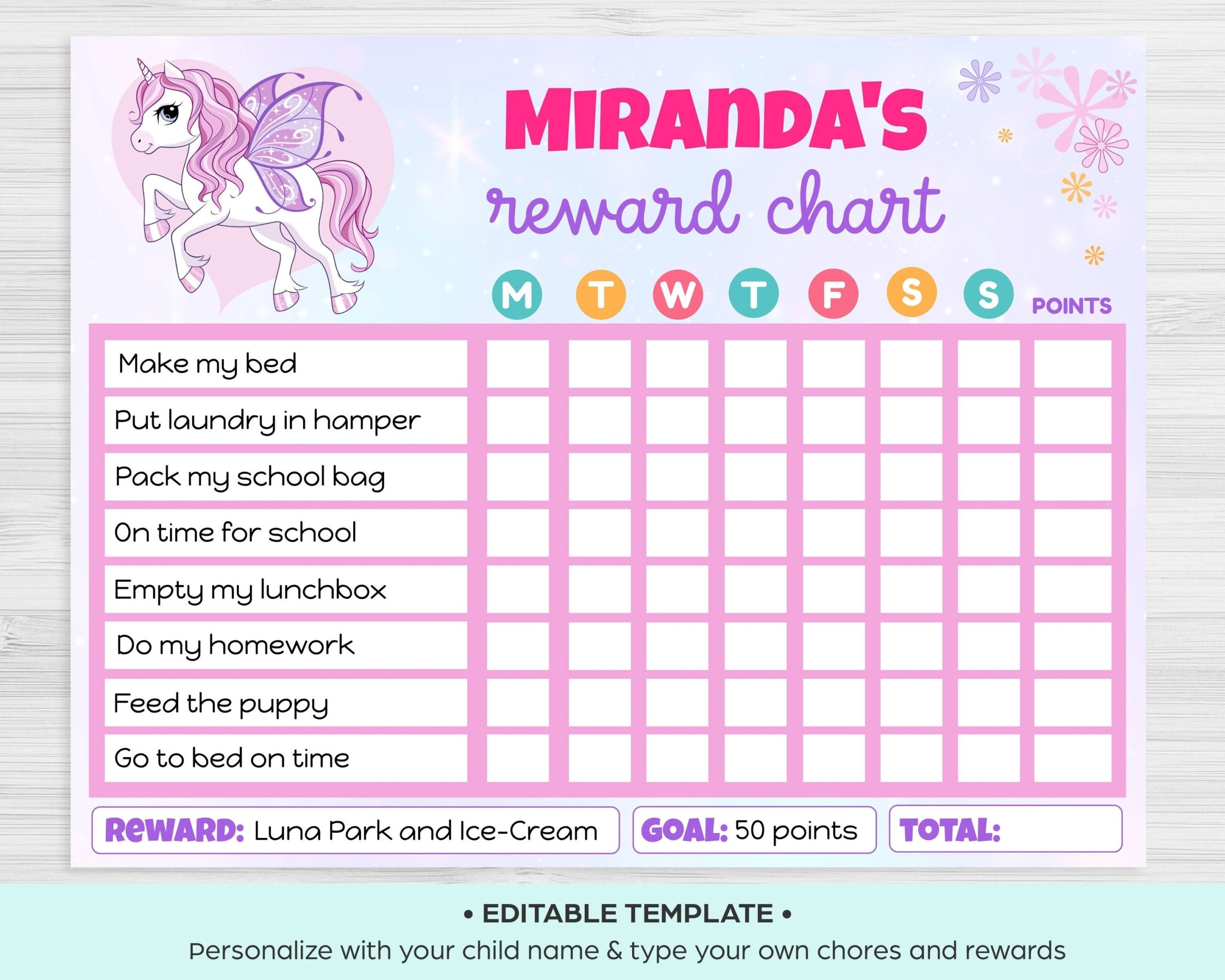 EDITABLE Unicorn Reward Chart Digital Chore Chart Template Printable Behavior Responsibility Chart INSTANT DOWNLOAD Etsy UK