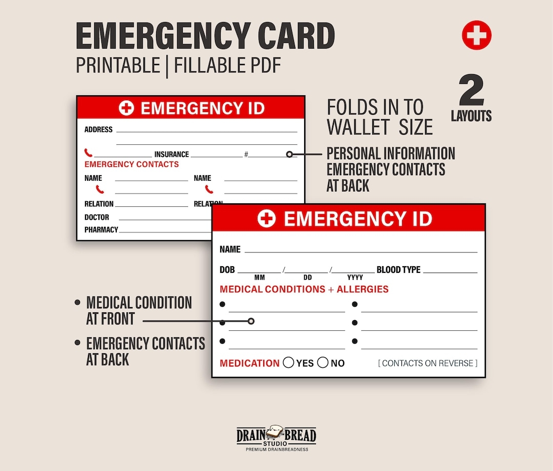 Emergency ID Wallet Card Customisable Medical Info Personal Details Emergency Contacts Printable Instant Download Etsy UK