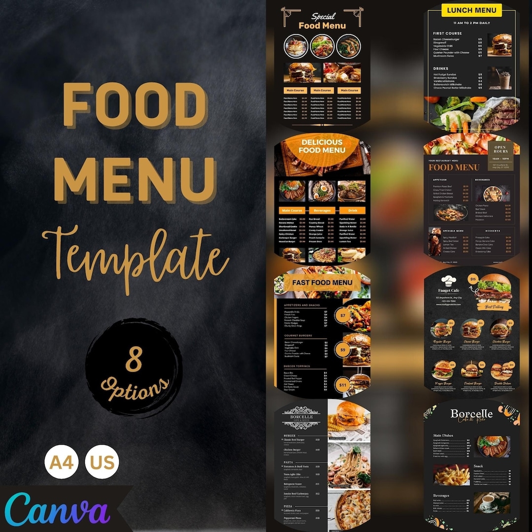 Food Menu Template Restaurant Editable Menu PDF Instant Download Food Canva Editable Menu L Food Menu Canva Template Printable Etsy