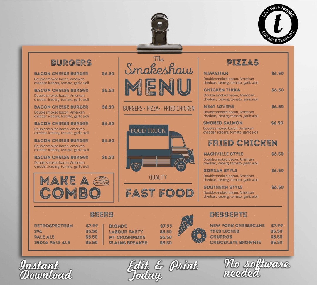 Food Truck Menu Template Restaurant Menu Templates Fast Food Menu Template DIY Menu Template Editable In Templett Etsy