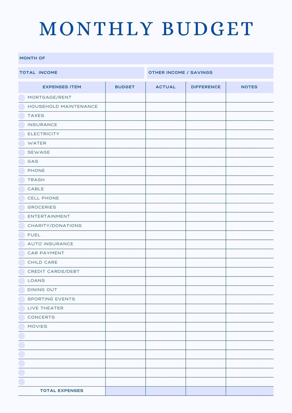 Free Printable Personal Budget Template Excel