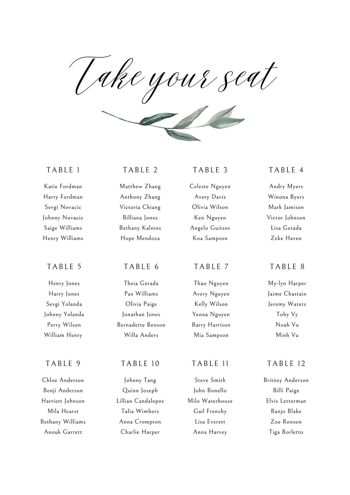 Free Printable Poster Seating Chart Template