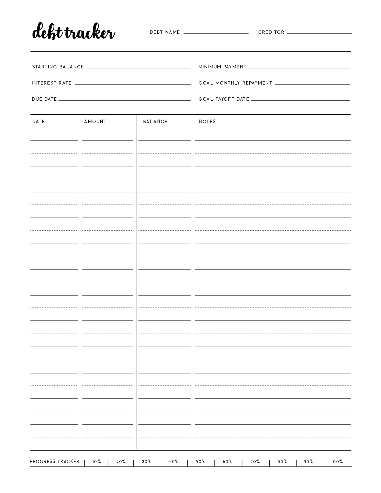 Free Printable Personal Debt Template