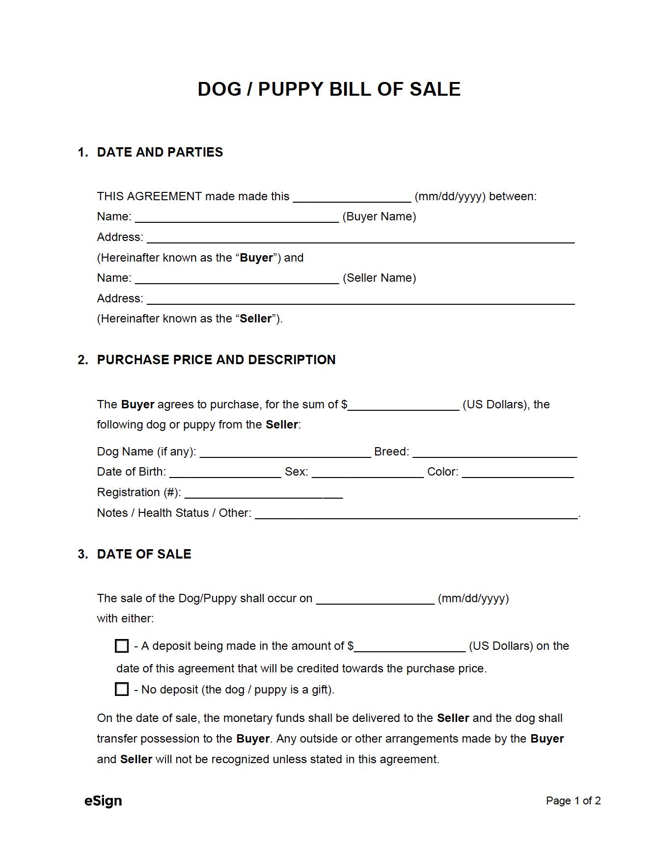 Free Dog Puppy Bill Of Sale Form PDF Word
