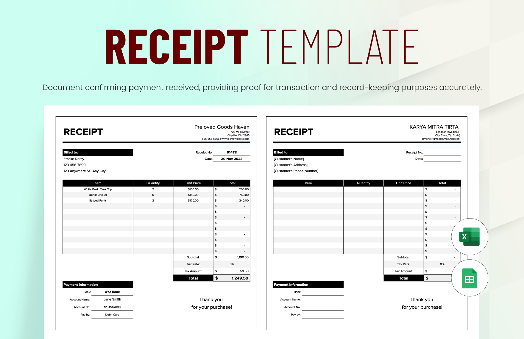 Free Printable Receipt Template Excel