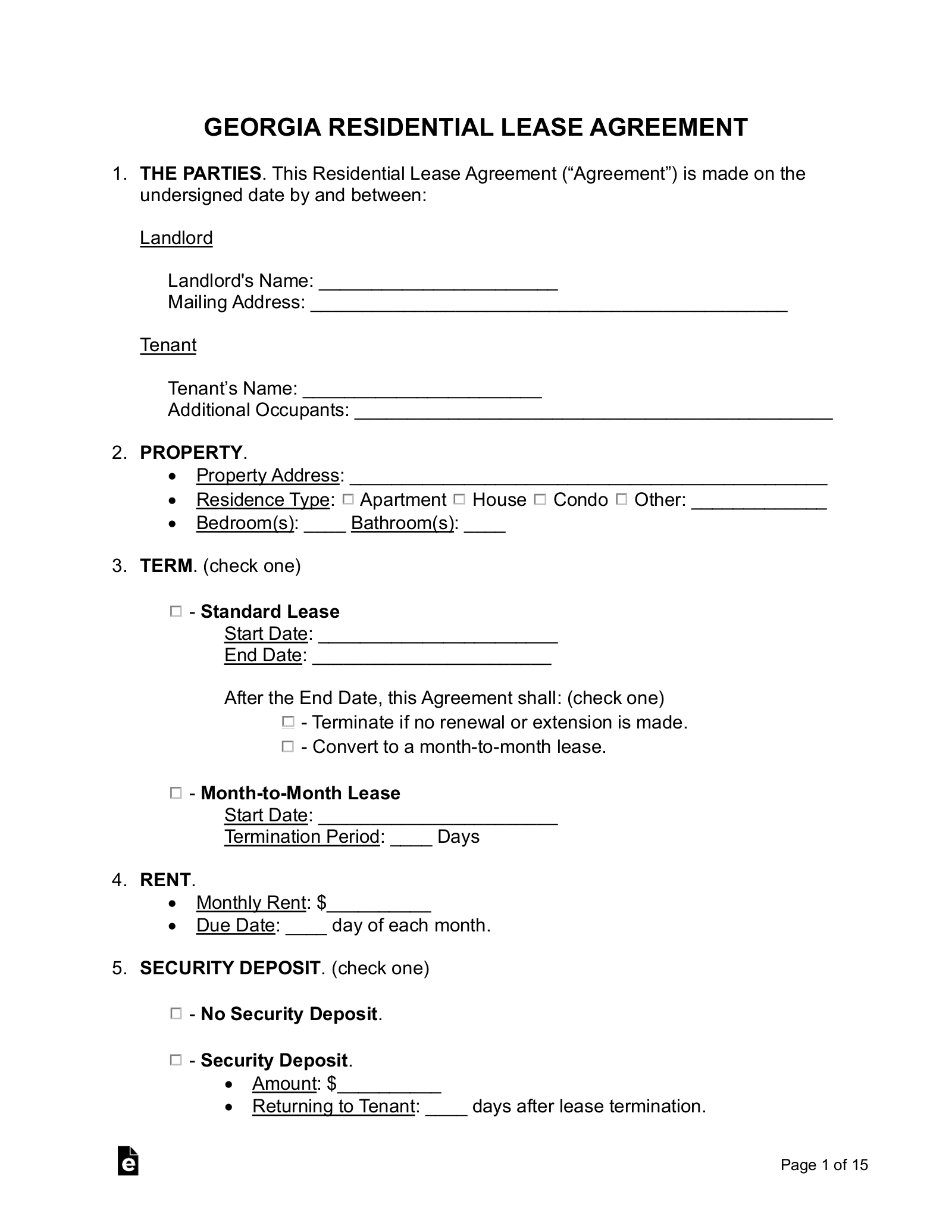 Free Printable Lease Template Agreements Ga