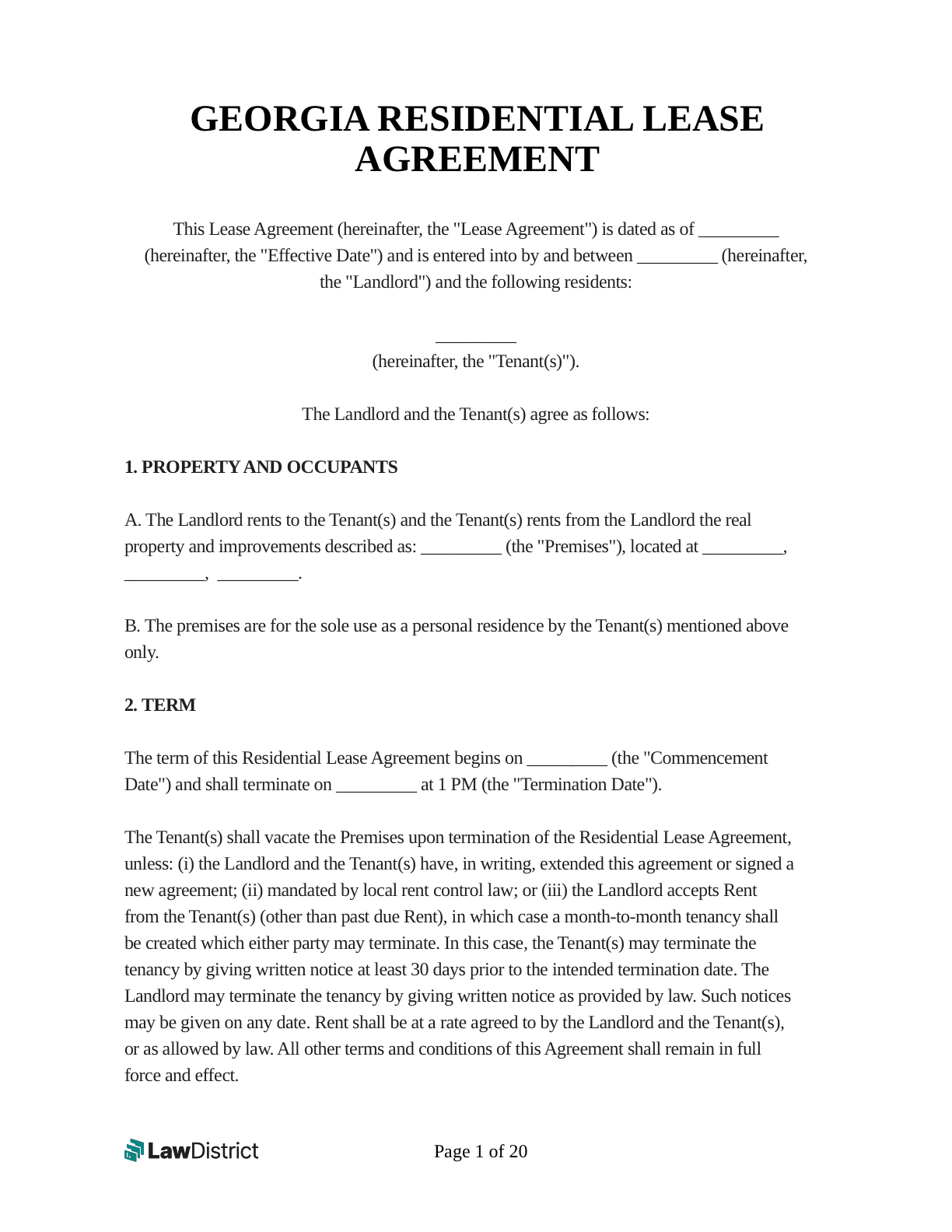 Free Printable Lease Template Agreements Ga