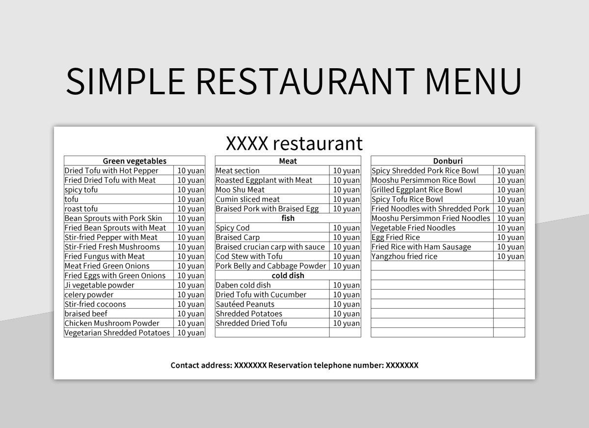 Free Menu Templates For Google Sheets And Microsoft Excel Slidesdocs