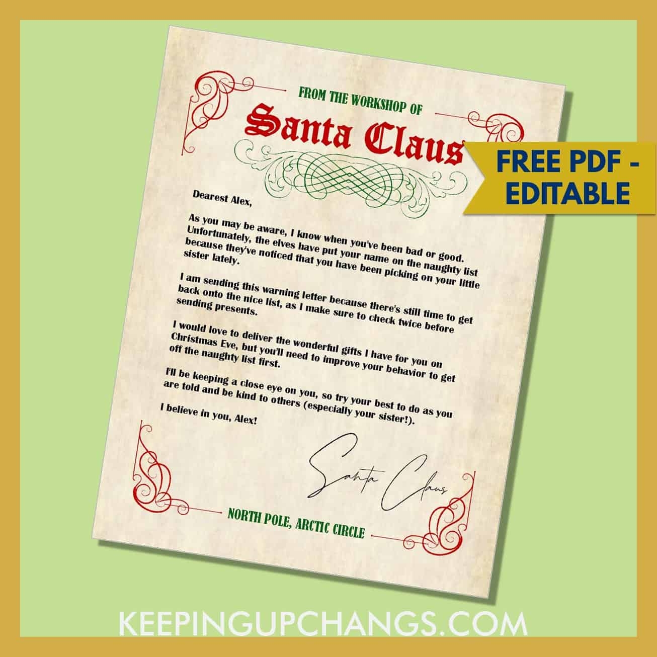 Free Naughty List Warning Letter From Santa EDITABLE Printable 