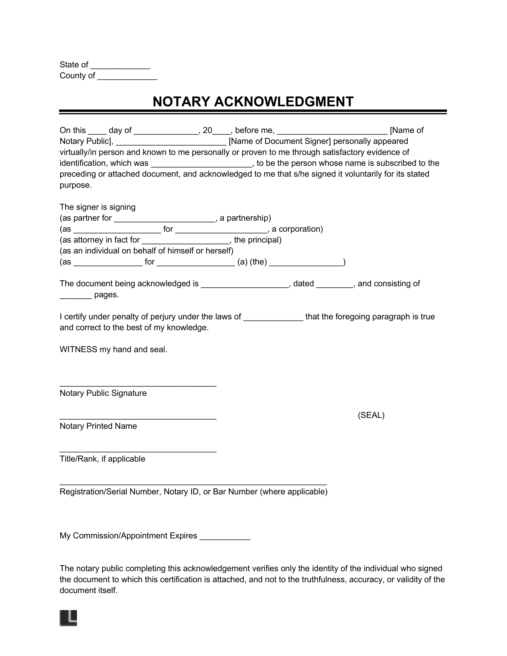 Free Notary Acknowledgment Form PDF U0026 Word