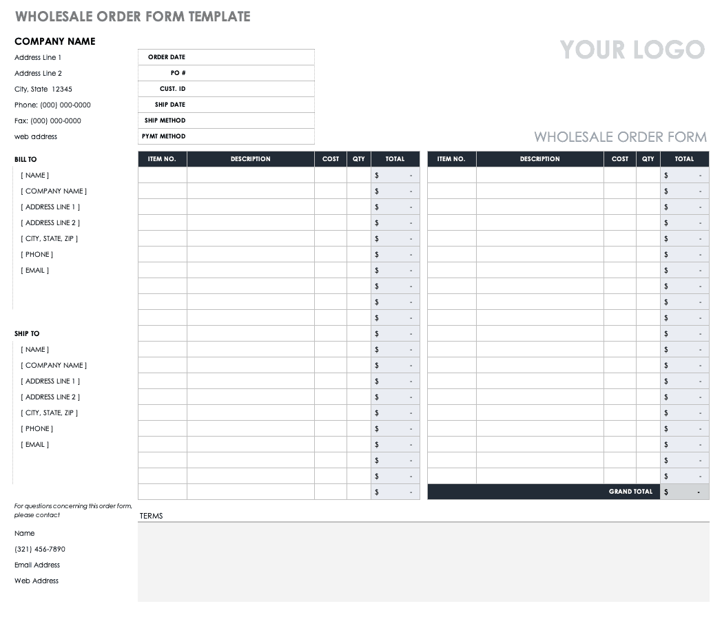 Free Printable Order Form Template Excel