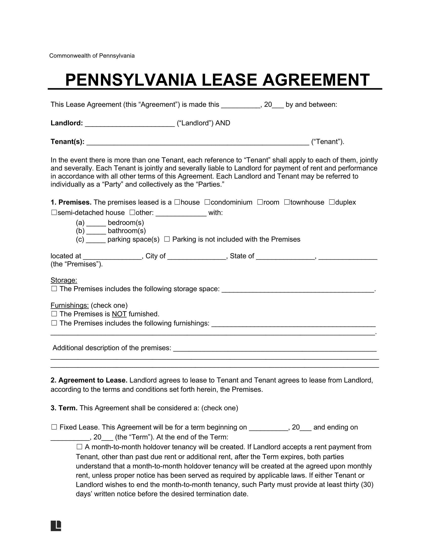 Free Printable Pennsylvania Lease Agreement Template