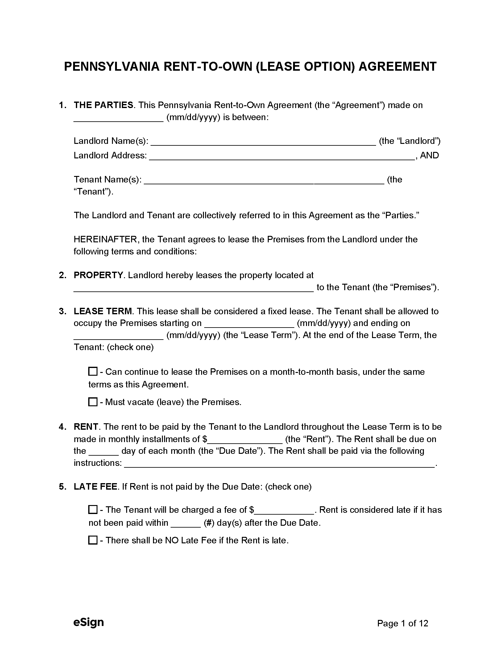 Free Printable Pennsylvania Lease Agreement Template