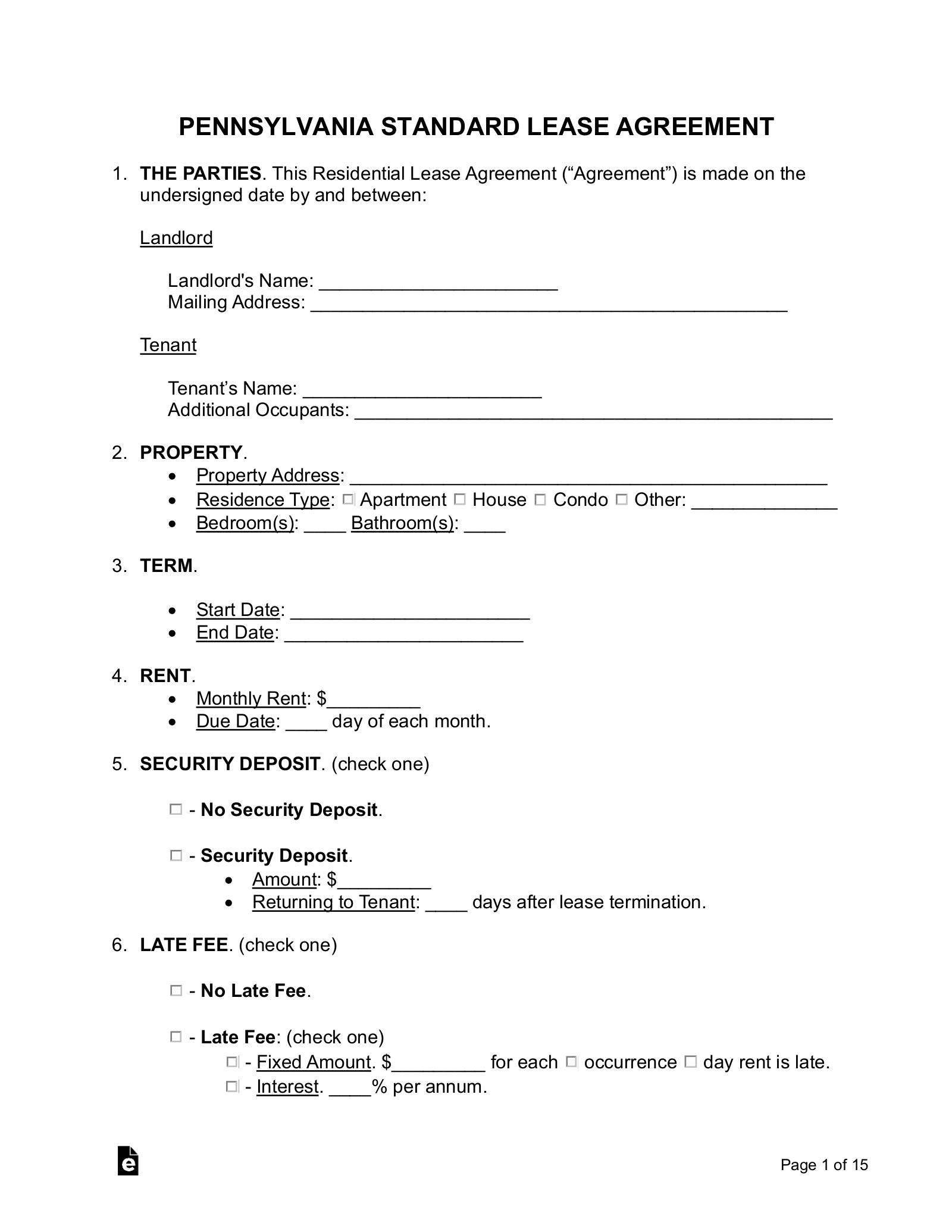 Free Pennsylvania Standard Residential Lease Agreement Template PDF Word EForms