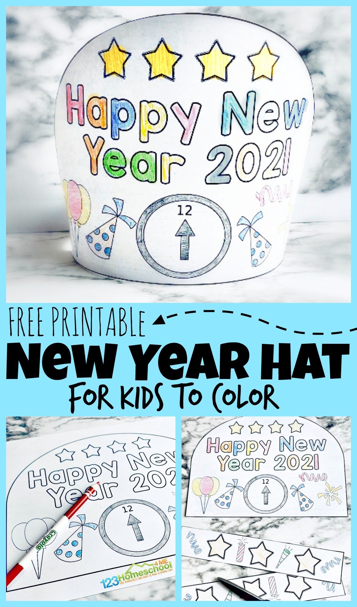 FREE Printable 2025 New Years Party Hats For Kids To Color