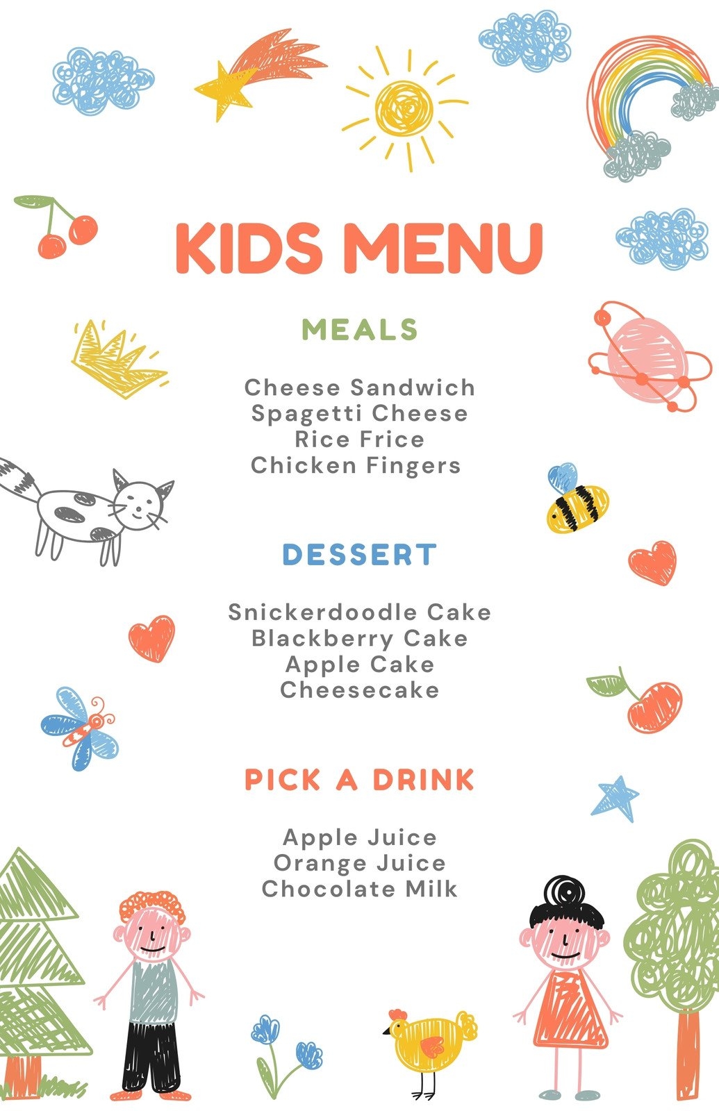 Free Printable Customizable Kids Menu Templates Canva
