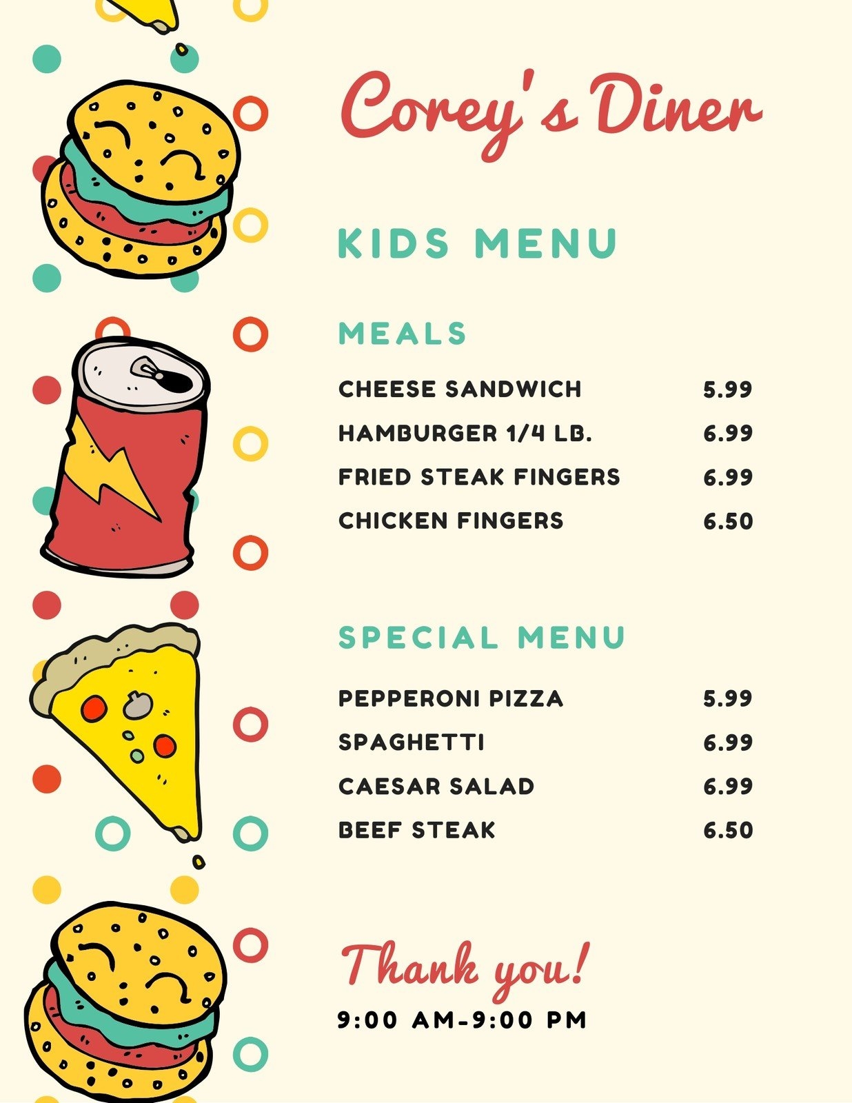 Free Printable Customizable Kids Menu Templates Canva