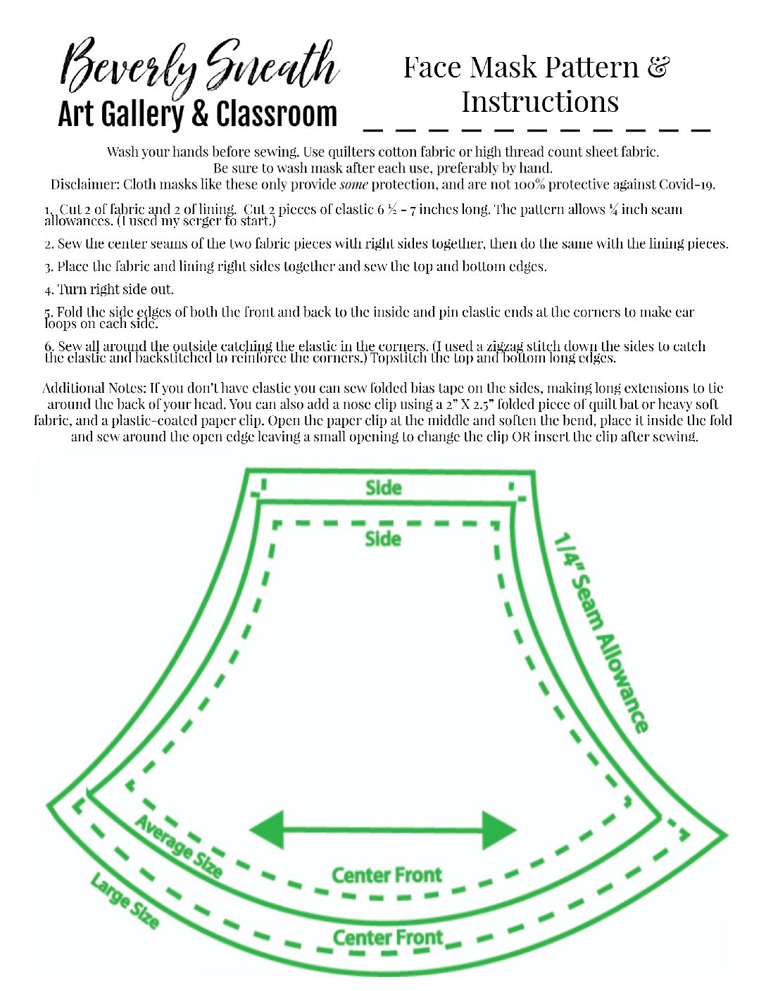 Free Printable Face Mask Sewing Pattern Covid 19 Beverly Sneath Art Studio
