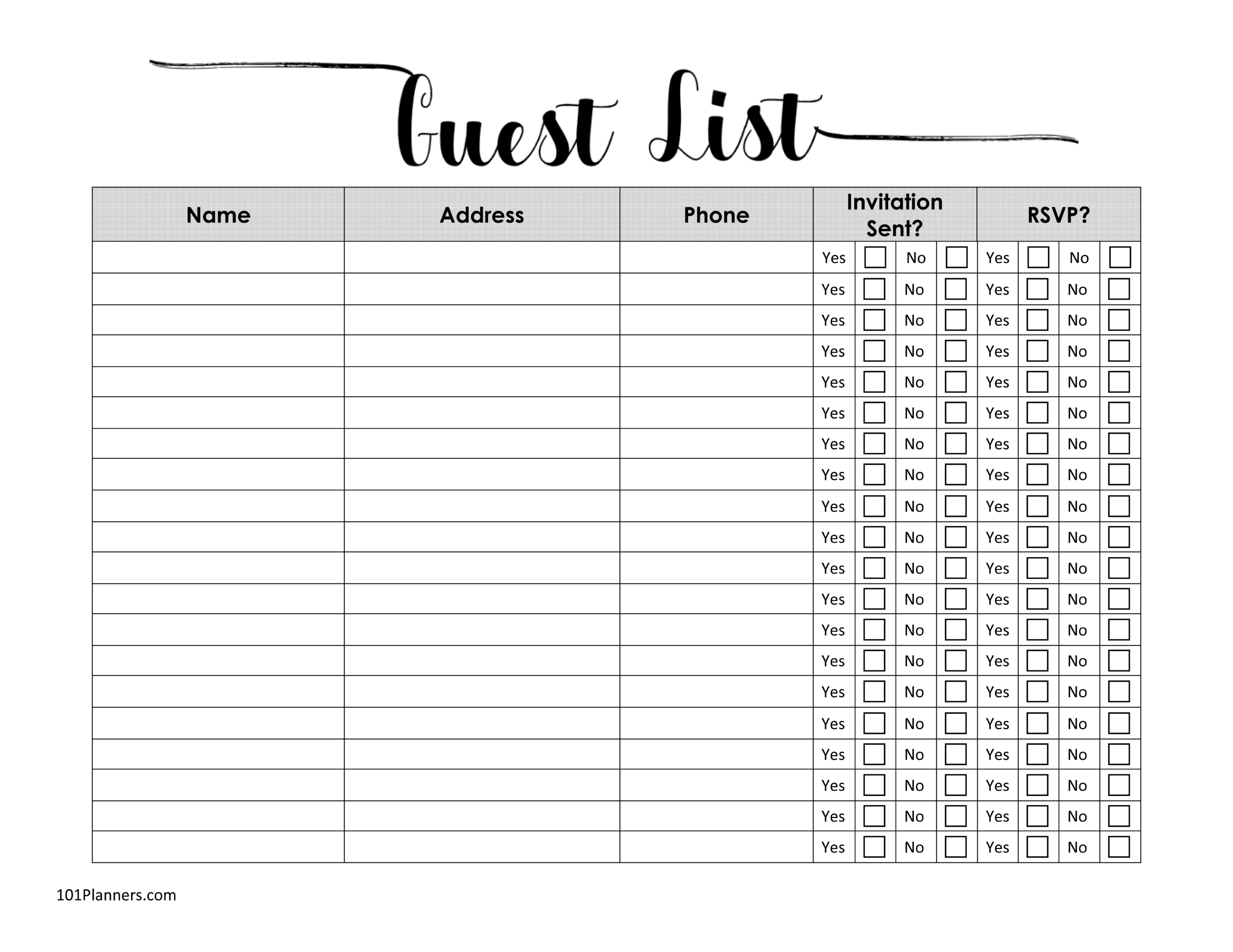 Free Printable Party Guest List Template