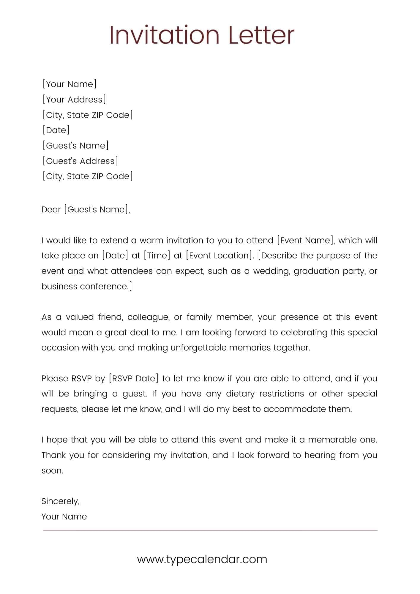 Free Printable Invitation Letter Templates