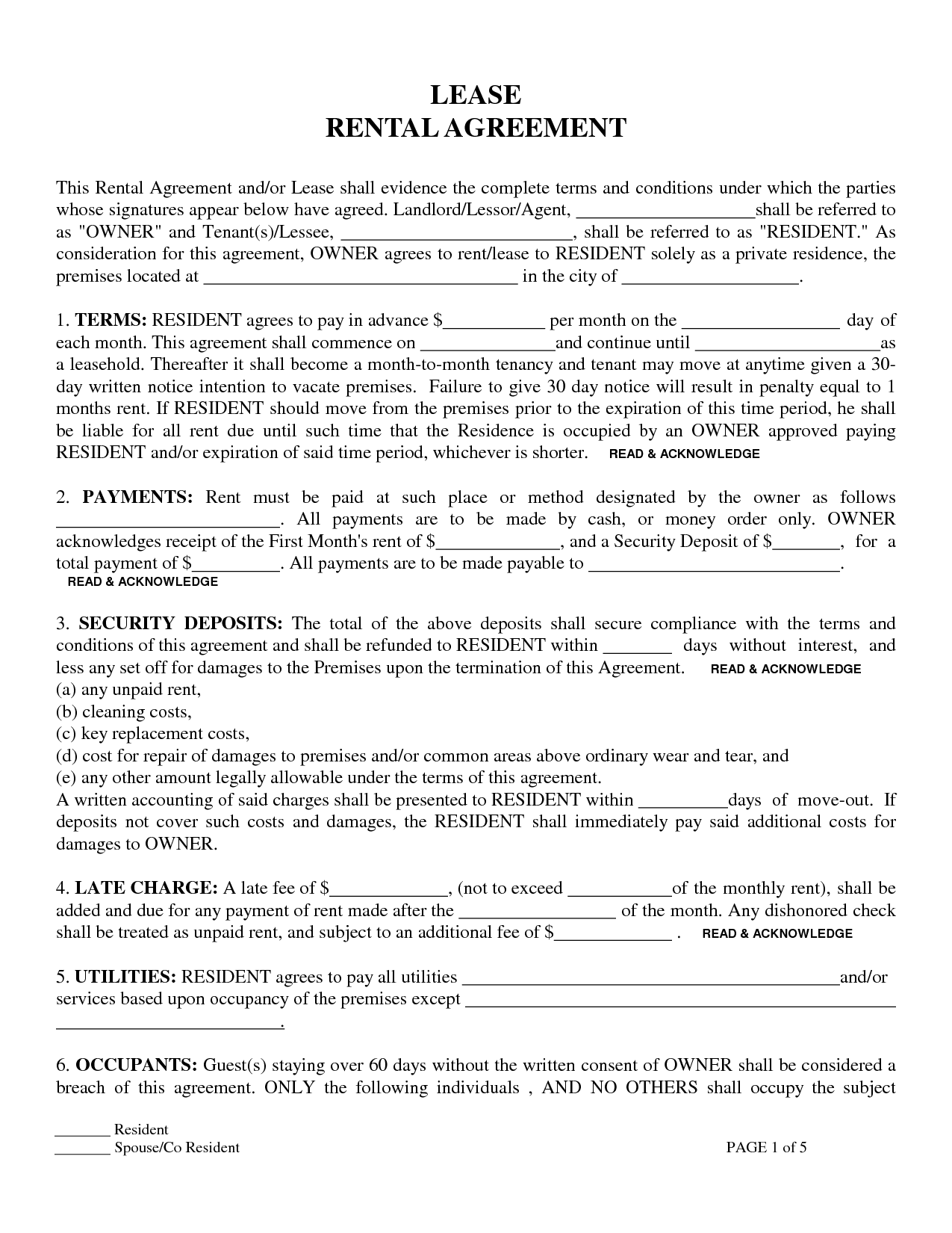 Free Printable Residential Lease Form GENERIC Worksheets Library