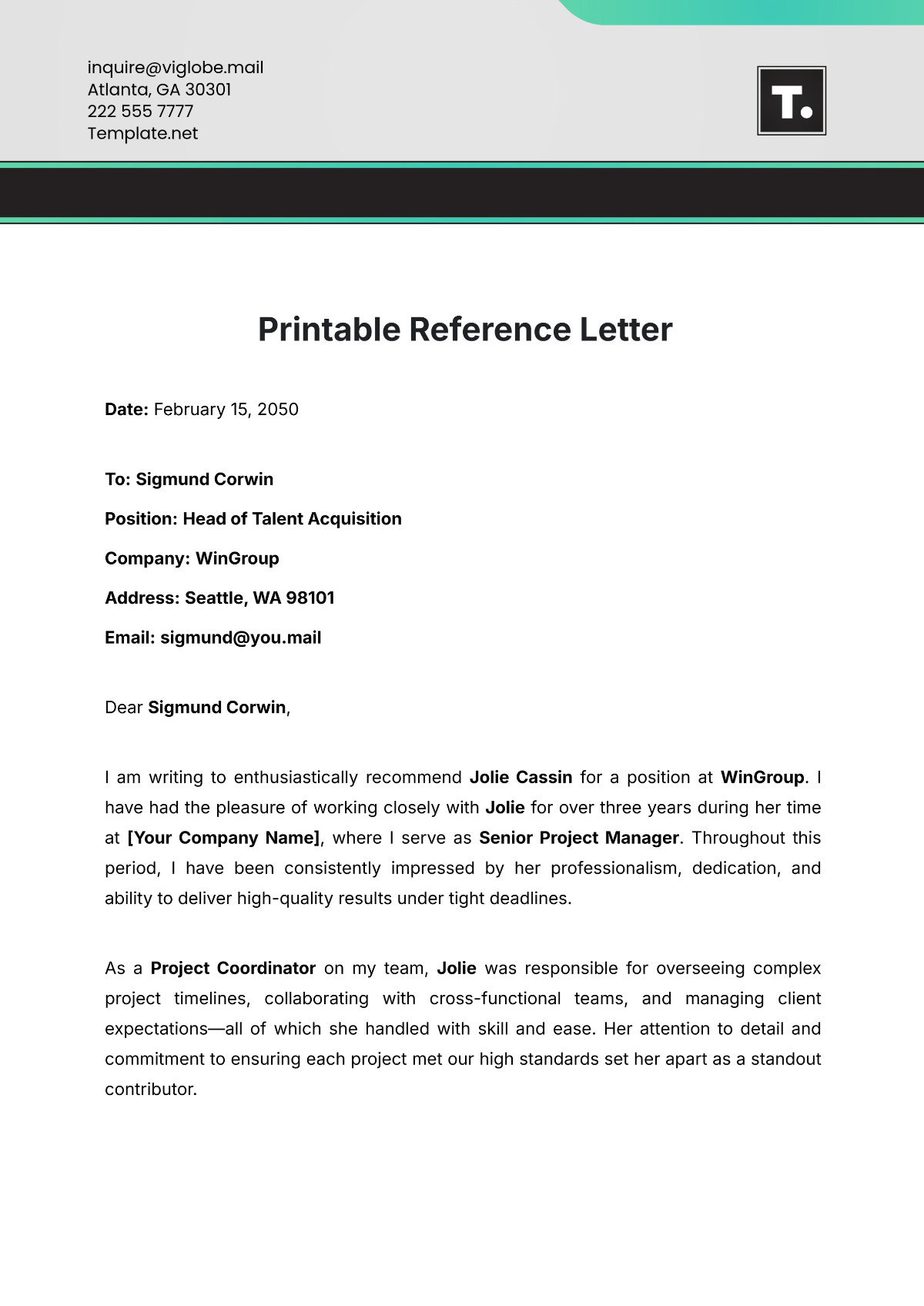 Free Printable Letter Of Reference Template