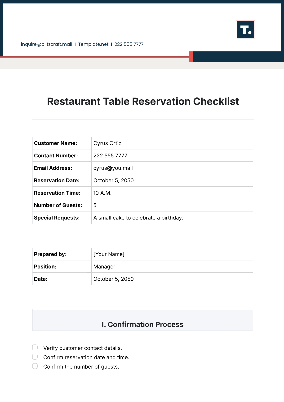 Free Restaurant Table Reservation Checklist Template To Edit Online